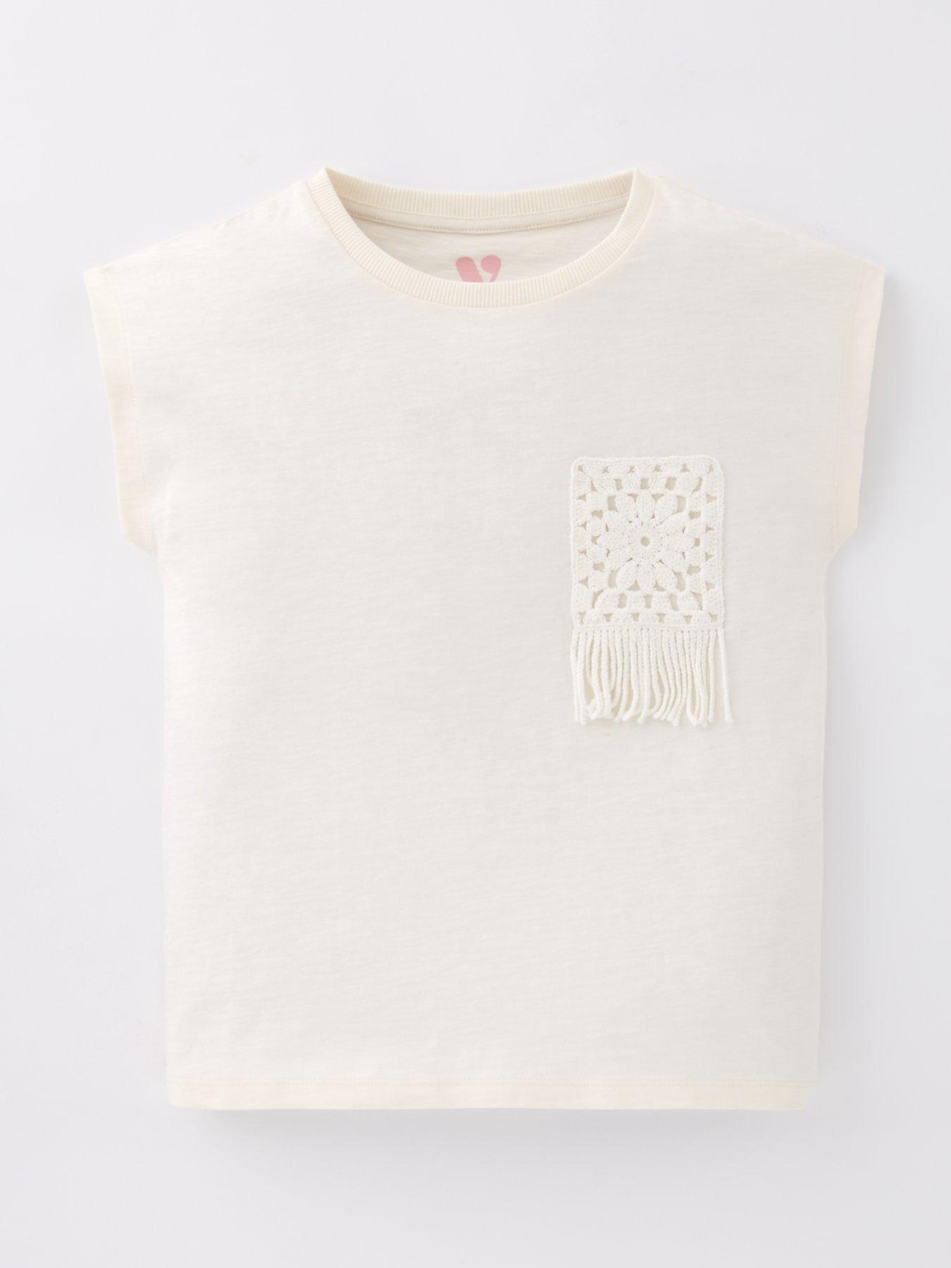 V by Very Girls Crochet Trim Pocket T-Shirt - Cream