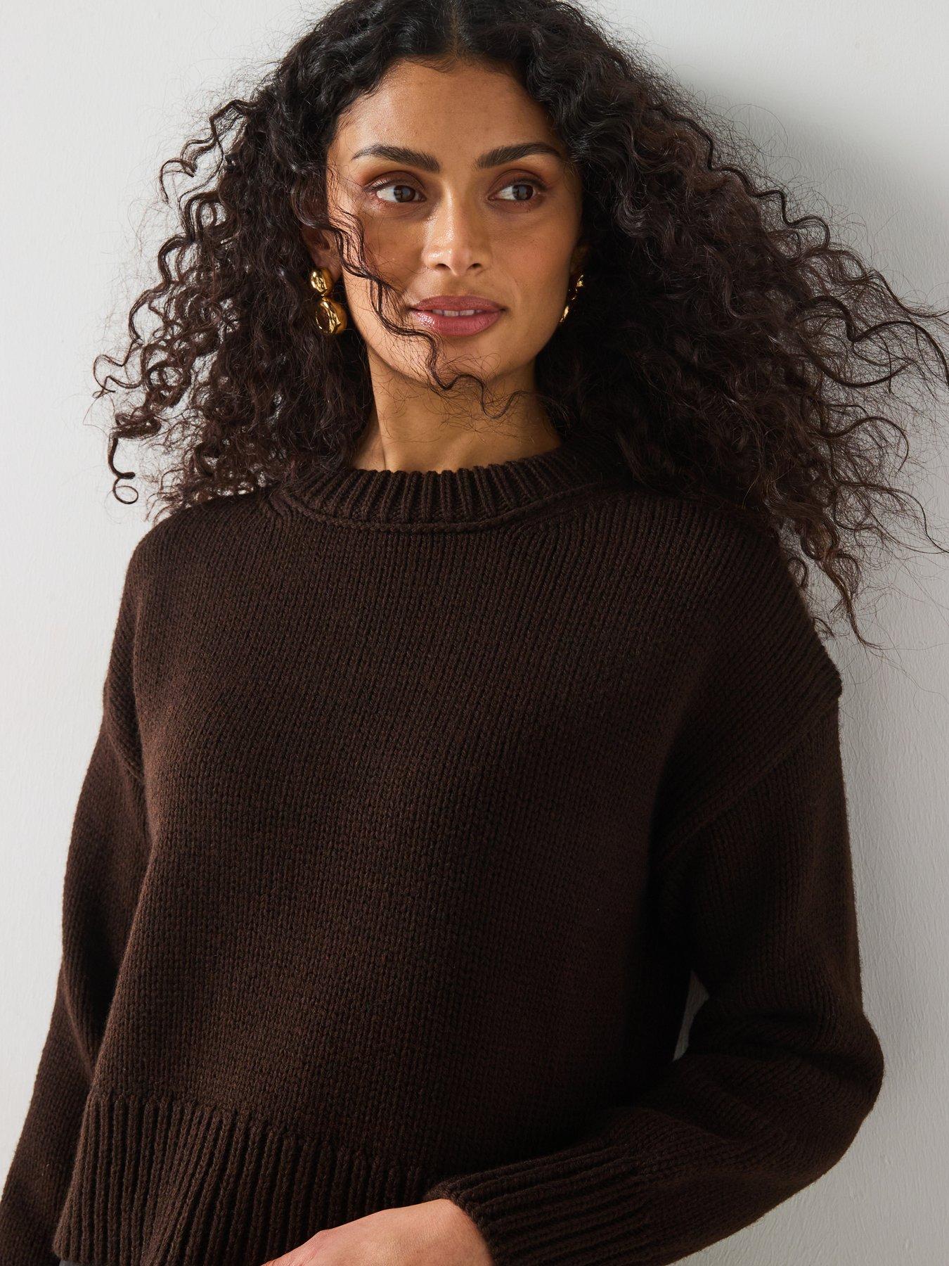  image of mango-chunky-knit-sweater-with-ribbed-trims-brown