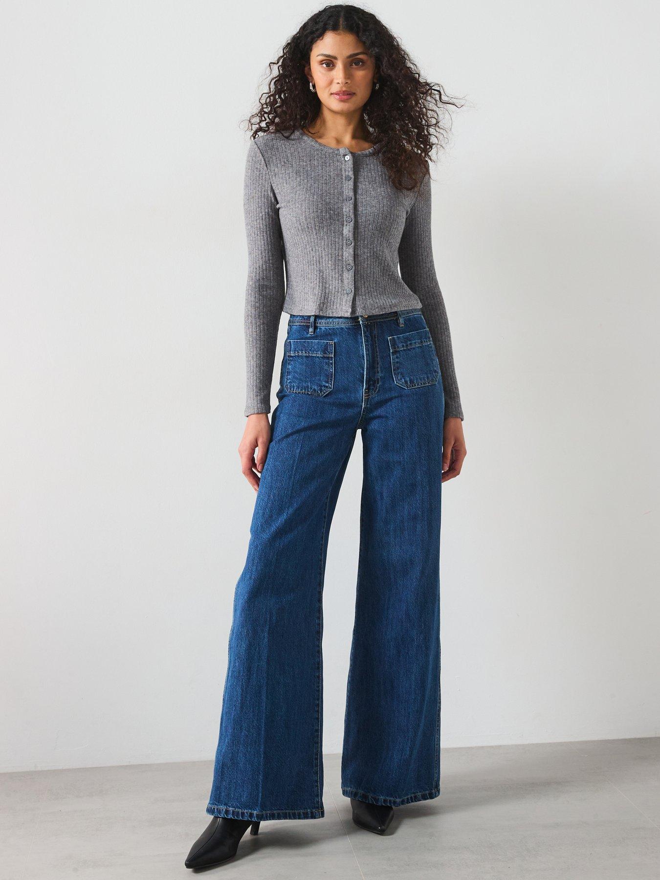  image of mango-wide-leg-pocket-detail-jean-dark-blue