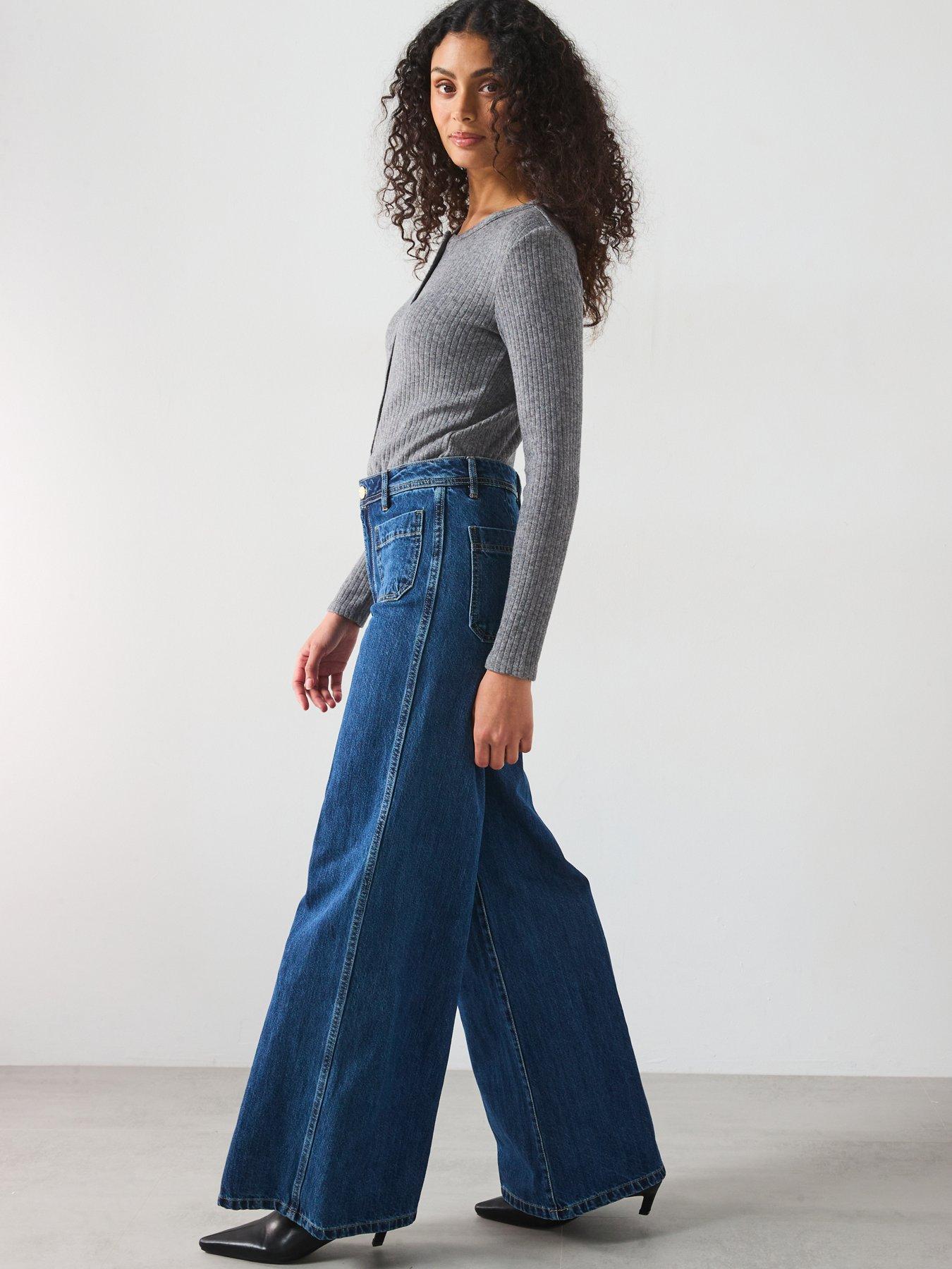  image of mango-wide-leg-pocket-detail-jean-dark-blue