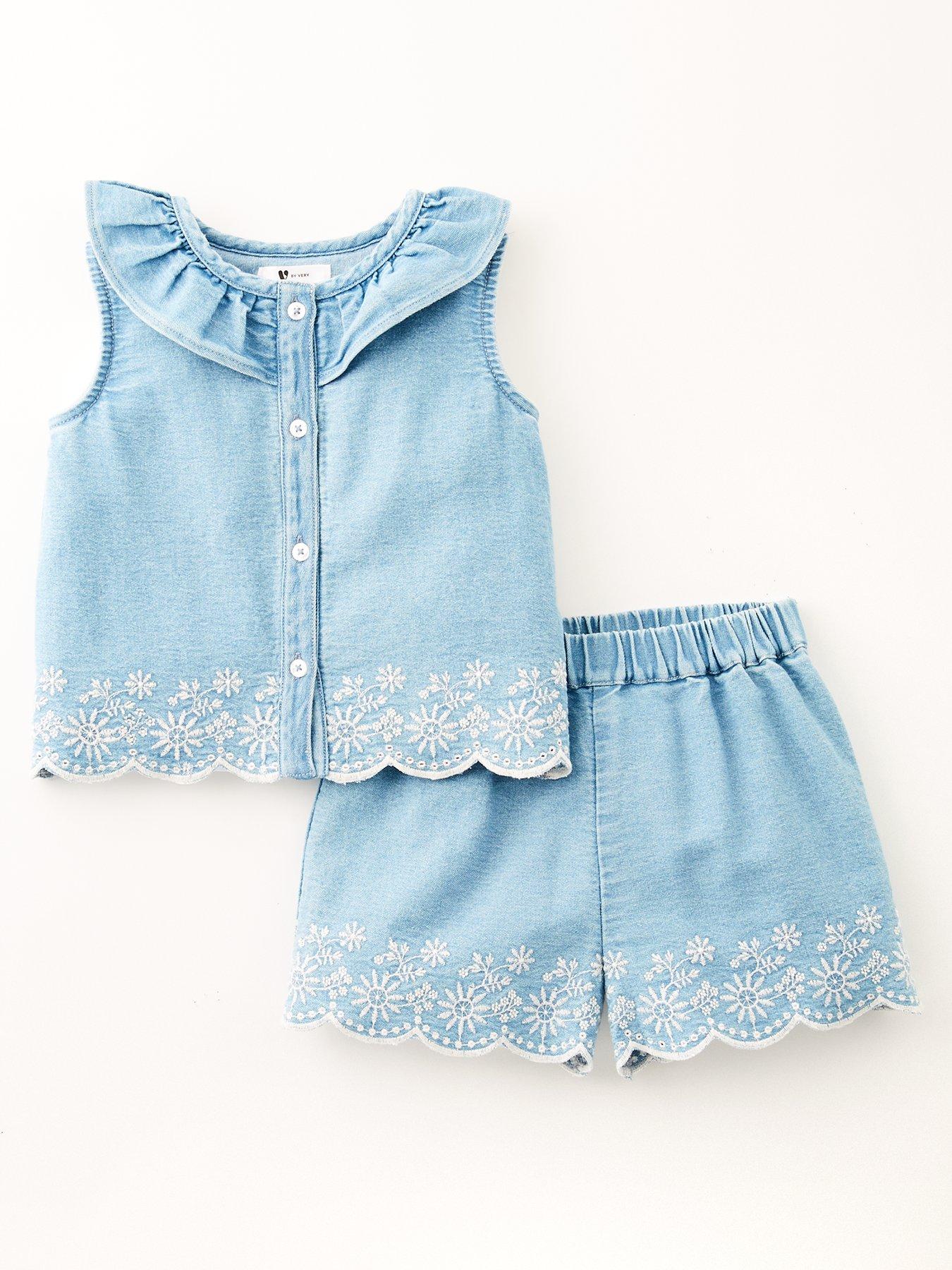 Image 1 of 5 of Mini V by Very Girls Denim Frill Collar And Short Scallop Edge Set - Blue
