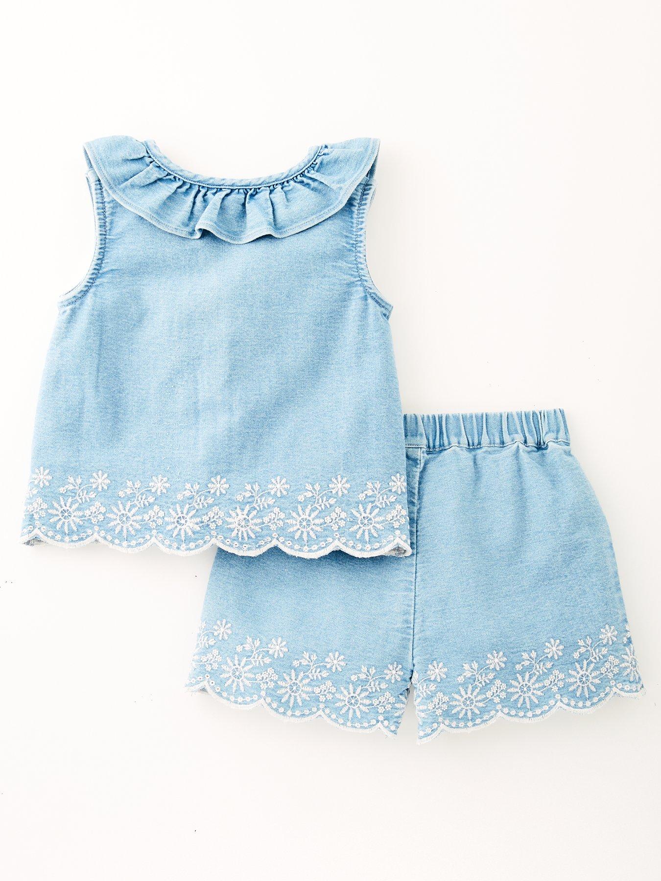 Image 2 of 5 of Mini V by Very Girls Denim Frill Collar And Short Scallop Edge Set - Blue
