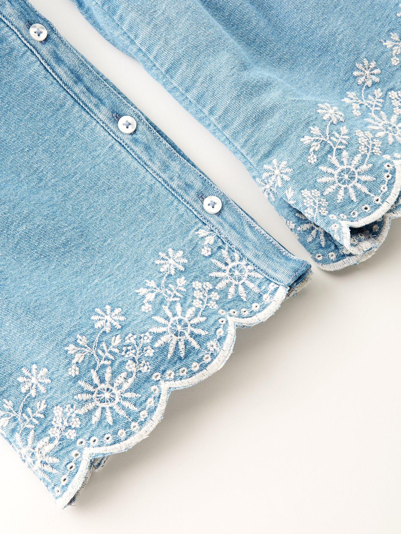 Image 4 of 5 of Mini V by Very Girls Denim Frill Collar And Short Scallop Edge Set - Blue