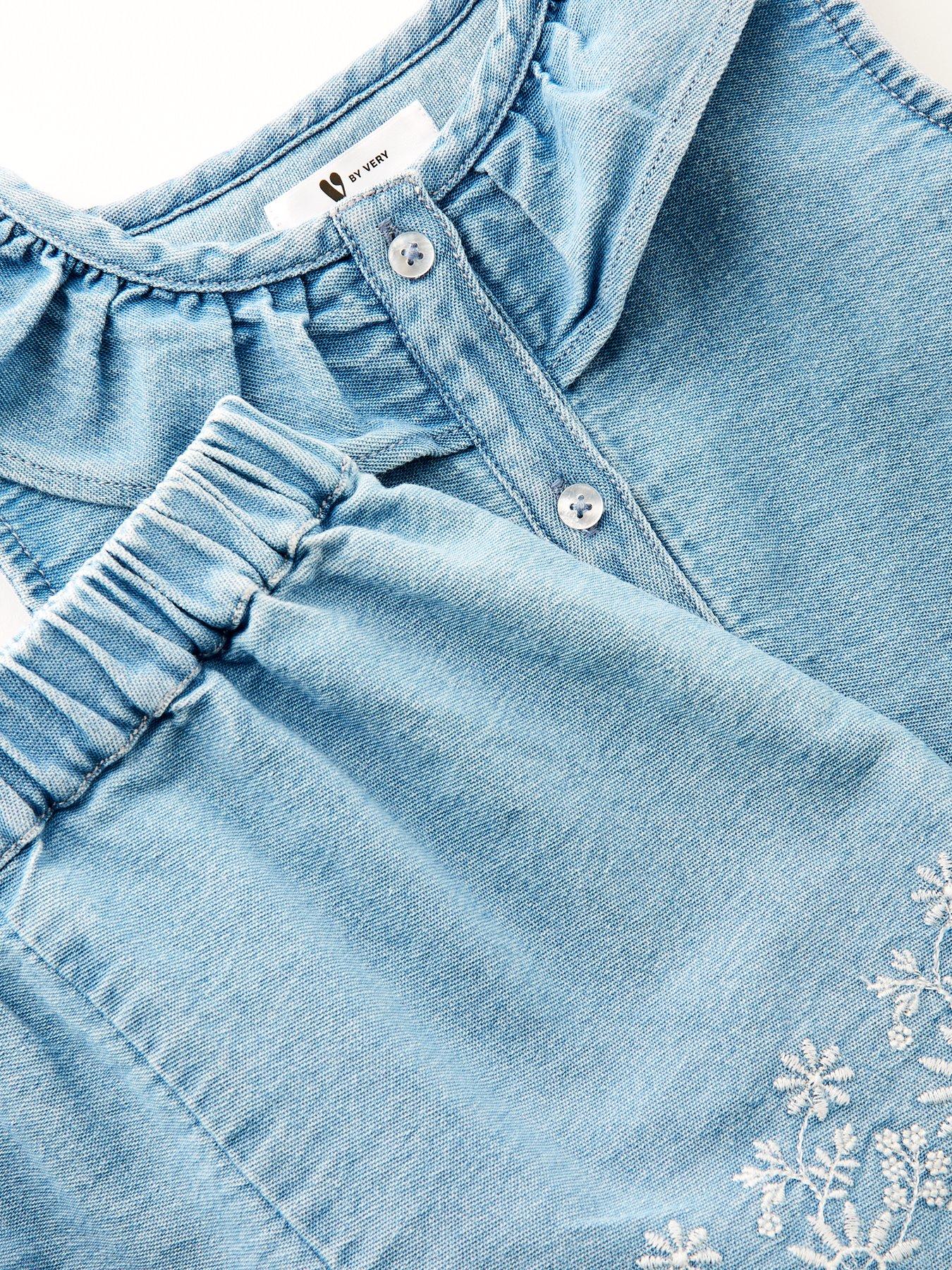 Image 5 of 5 of Mini V by Very Girls Denim Frill Collar And Short Scallop Edge Set - Blue
