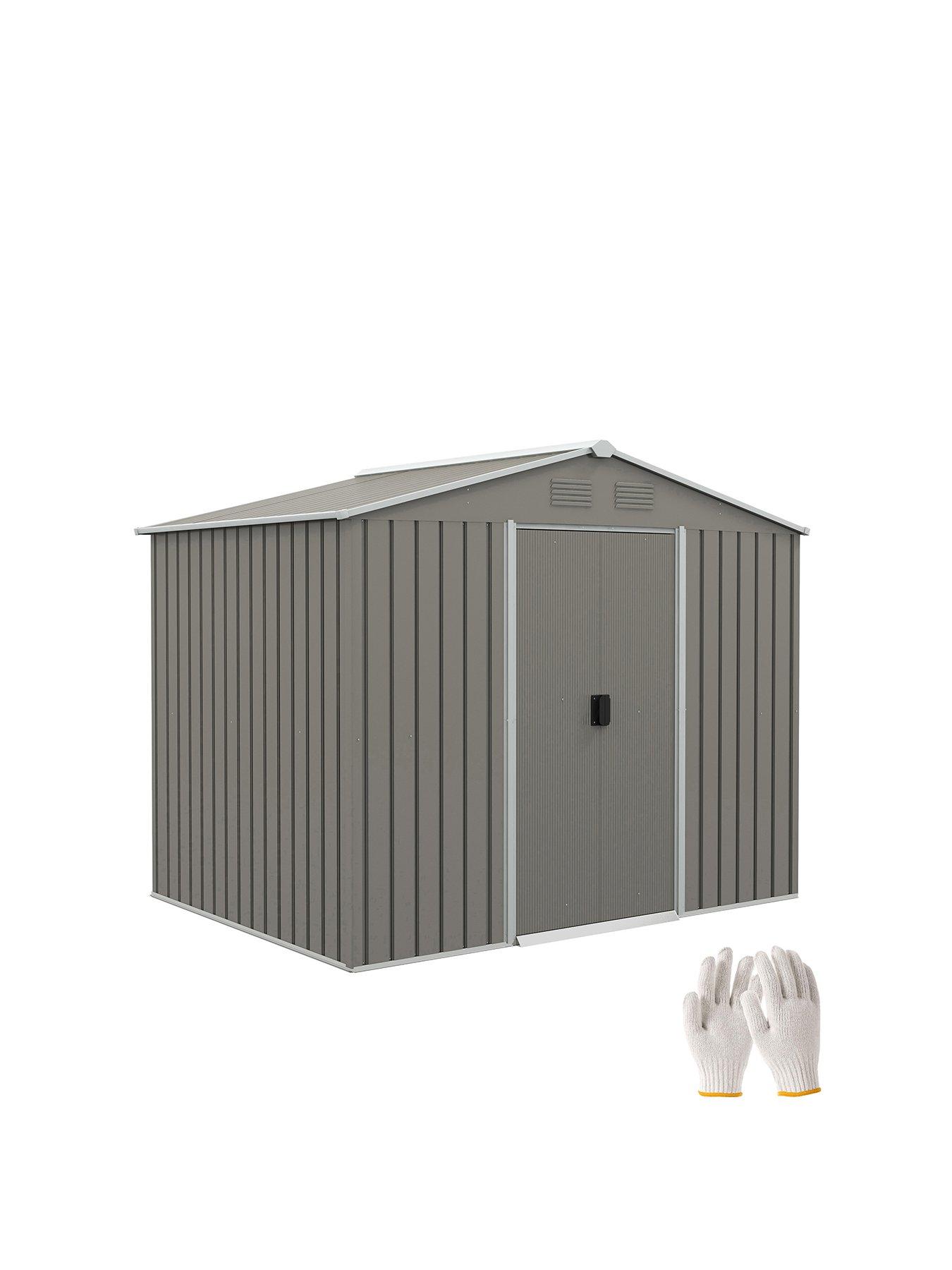 OutSunny 8 x 6ft Outdoor Garden Storage Shed with Double Sliding Door, Light Grey