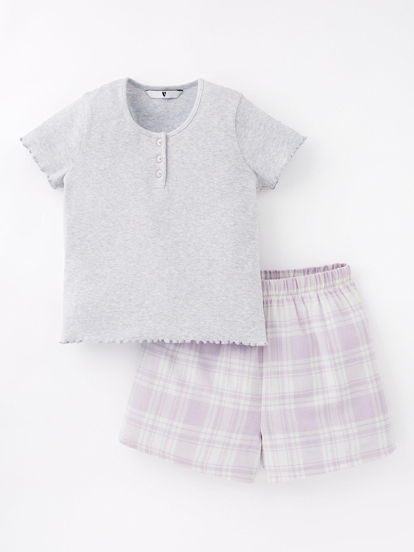 V by Very Girls Check Short and Henley Short Sleeve Top PJ - Grey