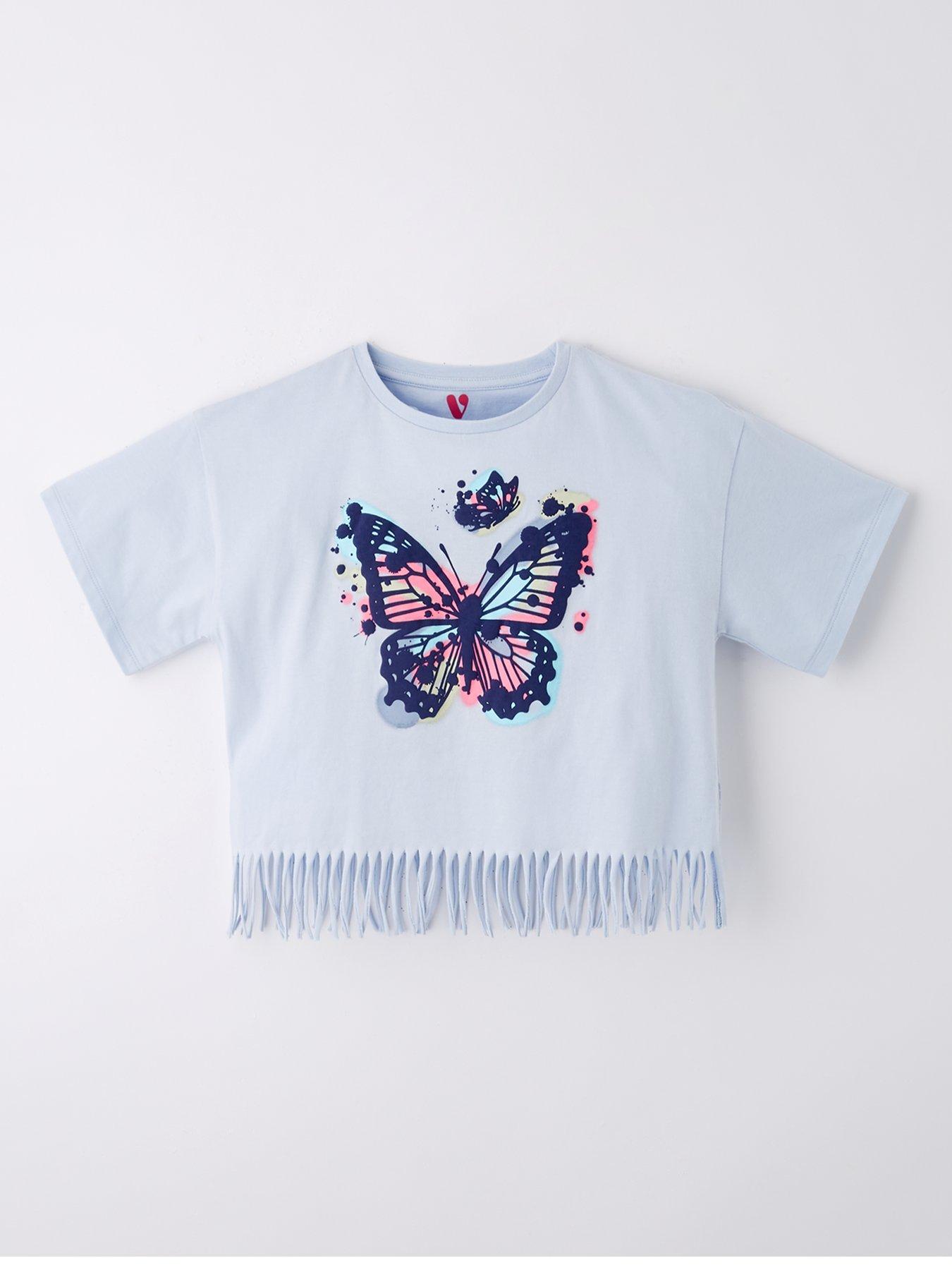 undefined Girls Fringed Butterfly Graphic T-Shirt - Light Blue