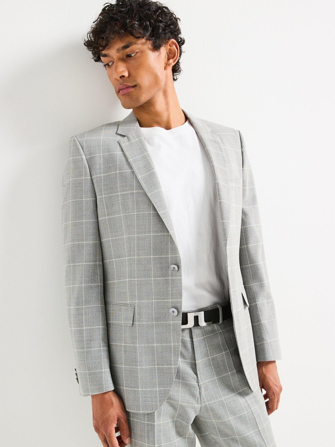 undefined H-Jasper Regular Fit Wool Mix Check Suit Jacket - Grey