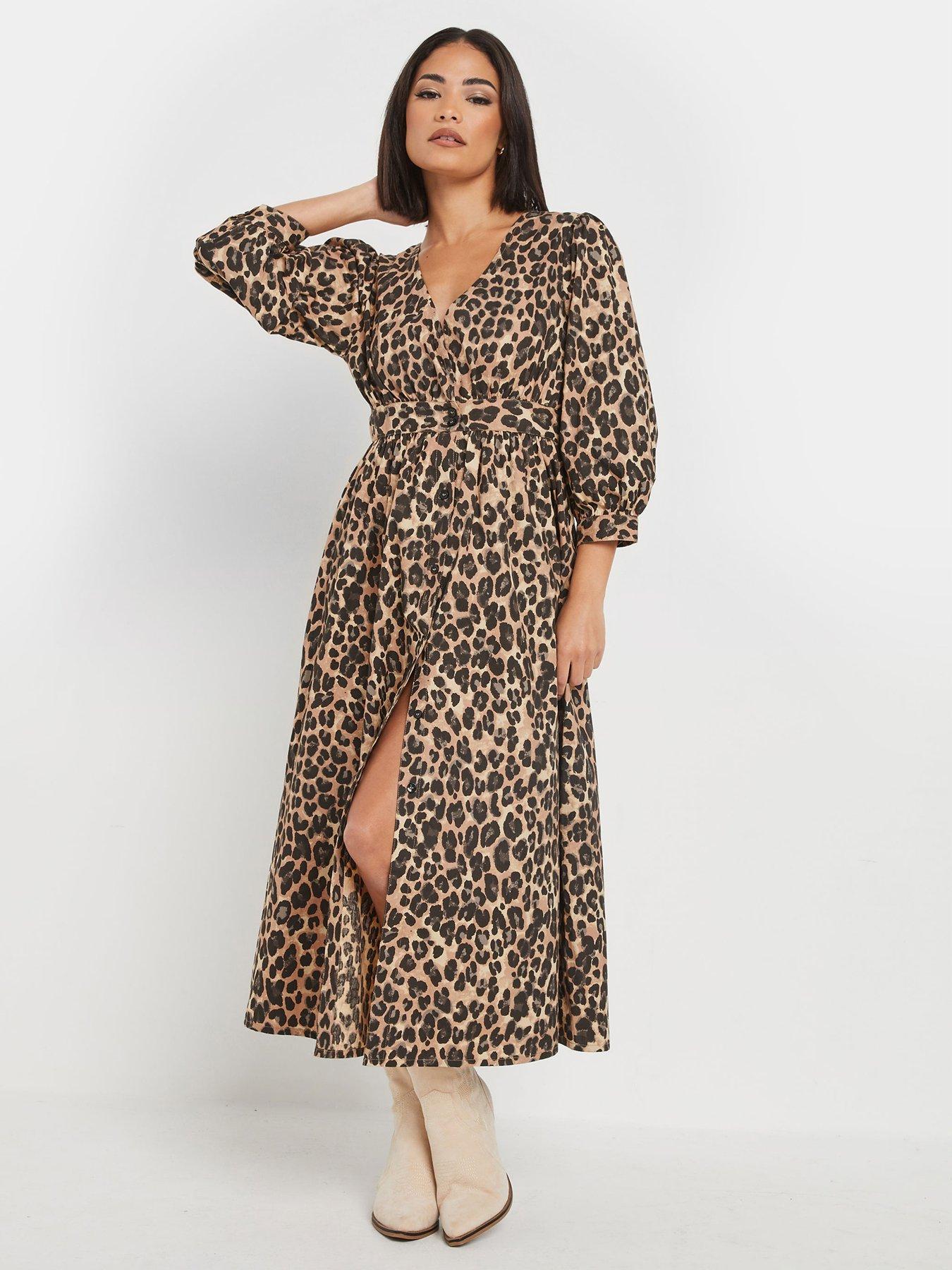 undefined Petite Animal Long Sleeve Button Front Midi Dress - Natural