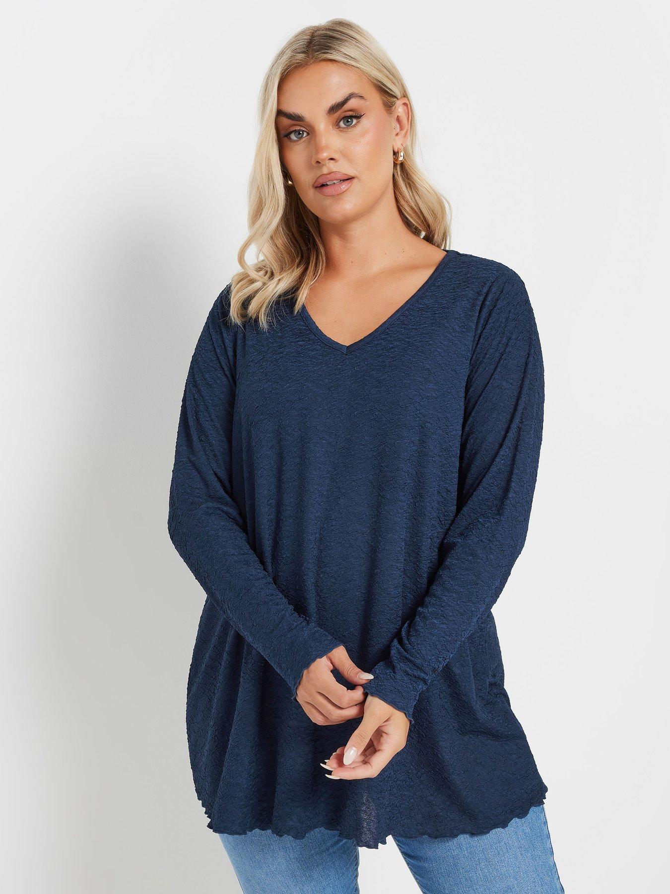  image of yours-curve-long-sleeve-textured-v-neck-top-blue