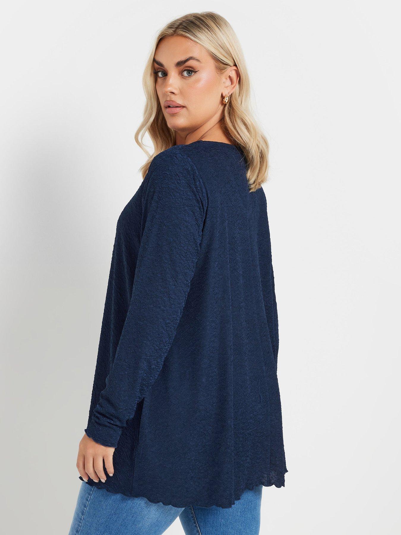  image of yours-curve-long-sleeve-textured-v-neck-top-blue