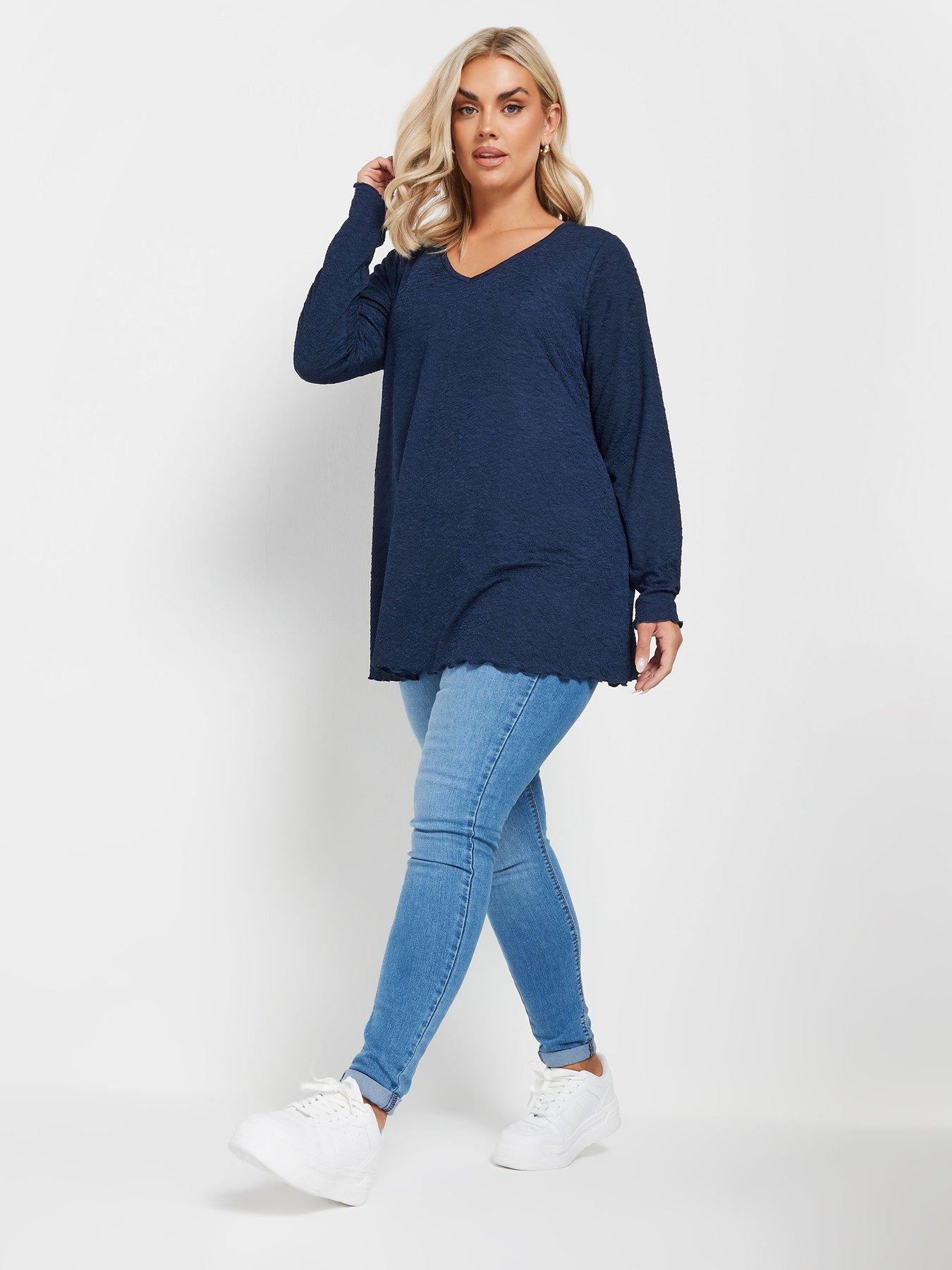  image of yours-curve-long-sleeve-textured-v-neck-top-blue