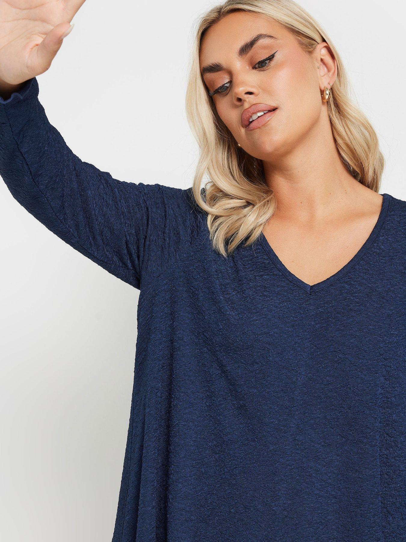  image of yours-curve-long-sleeve-textured-v-neck-top-blue