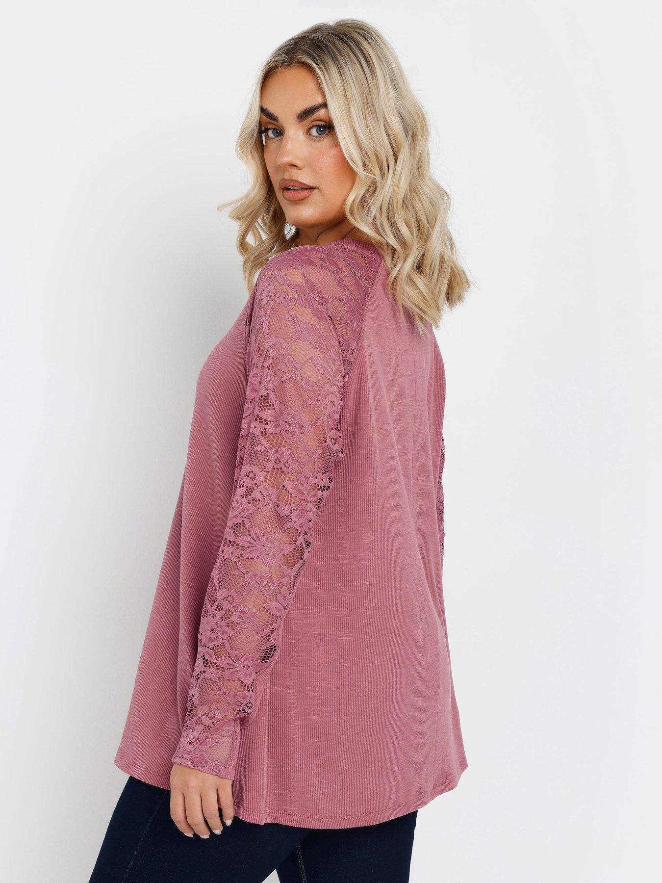 Image 2 of 4 of Yours Curve Raglan Lace A-Line T-Shirt - Pink