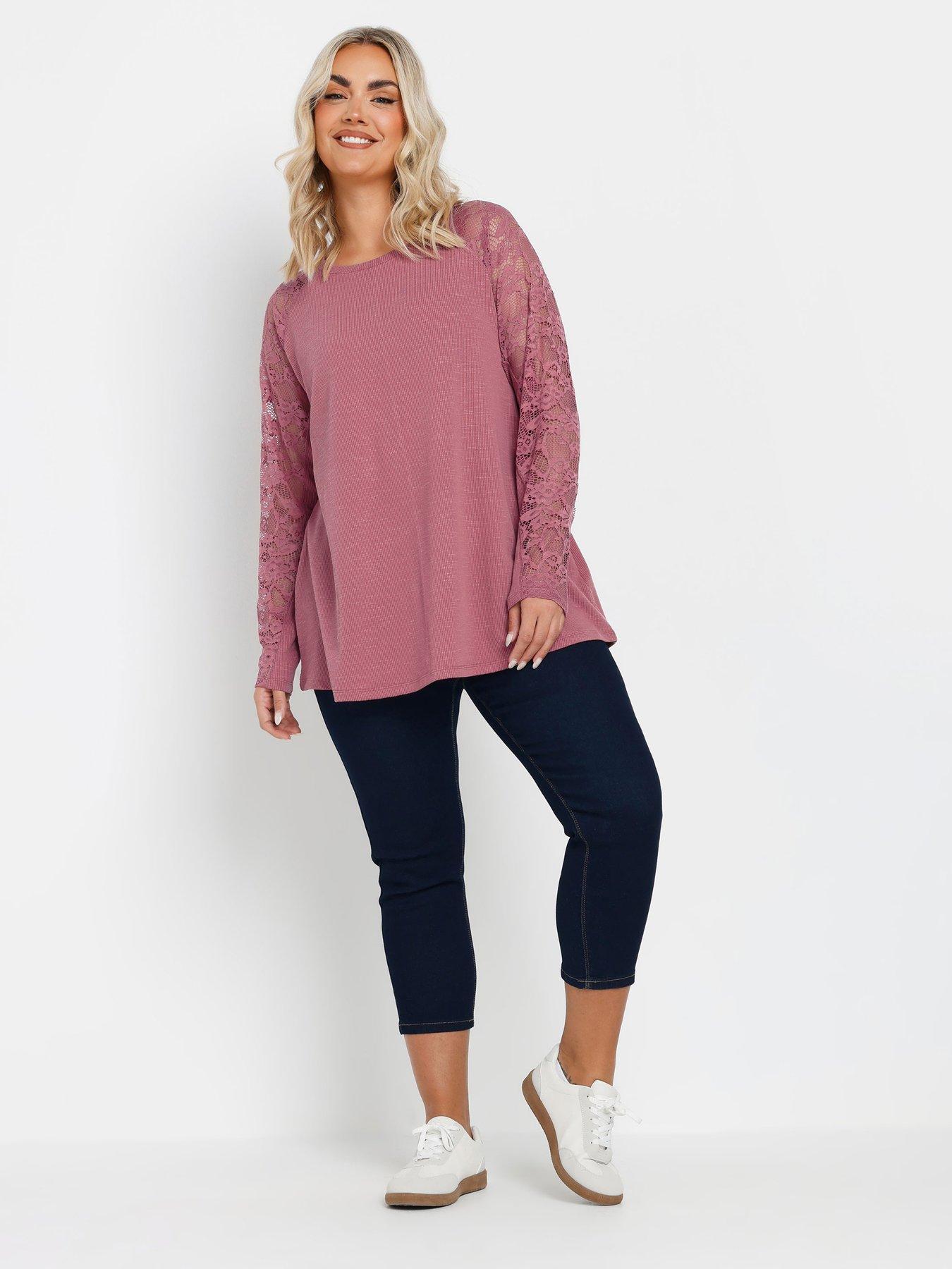 Image 3 of 4 of Yours Curve Raglan Lace A-Line T-Shirt - Pink