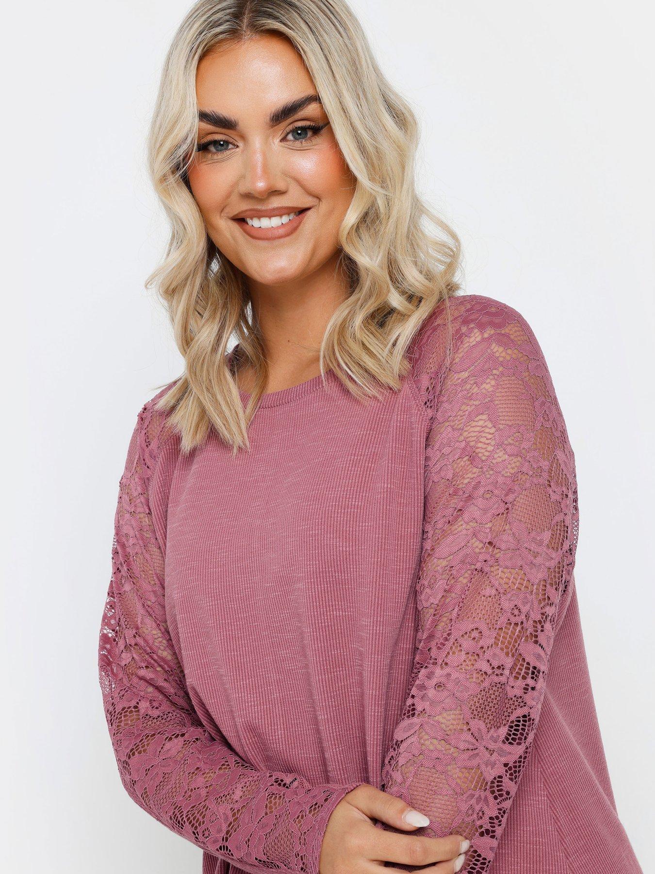 Image 4 of 4 of Yours Curve Raglan Lace A-Line T-Shirt - Pink