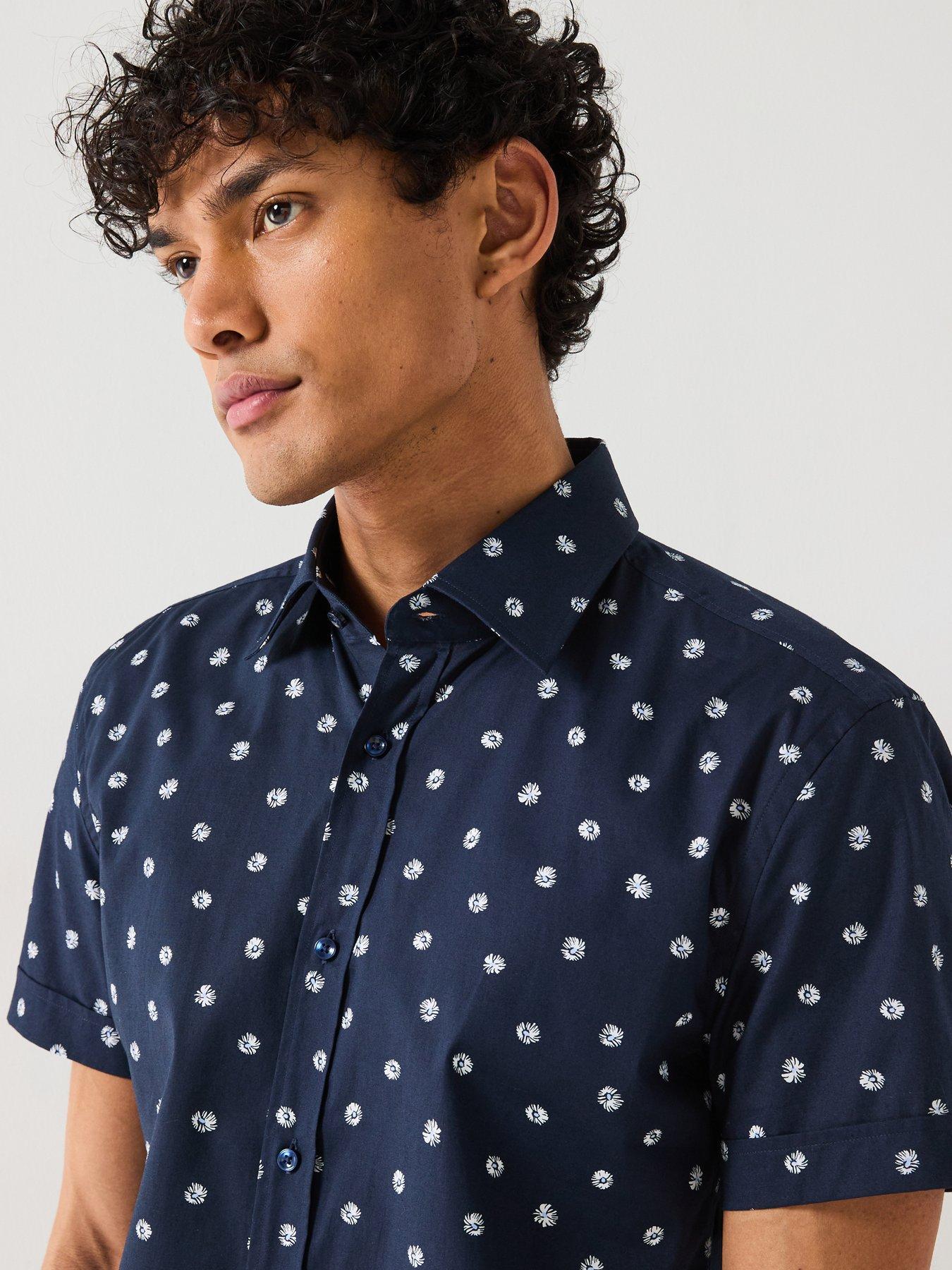  image of boss-h-hank-polka-dot-short-sleeve-shirt-dark-blue
