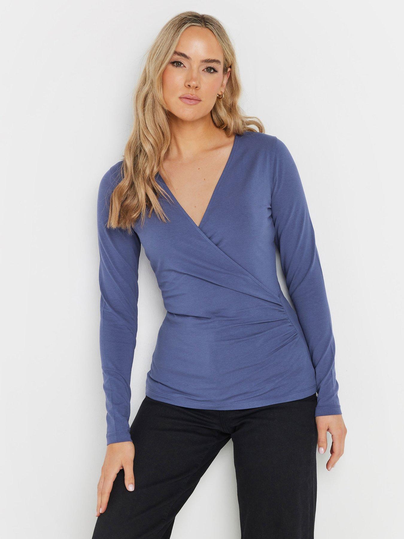 undefined Sleeve Cotton Wrap Top - Blue