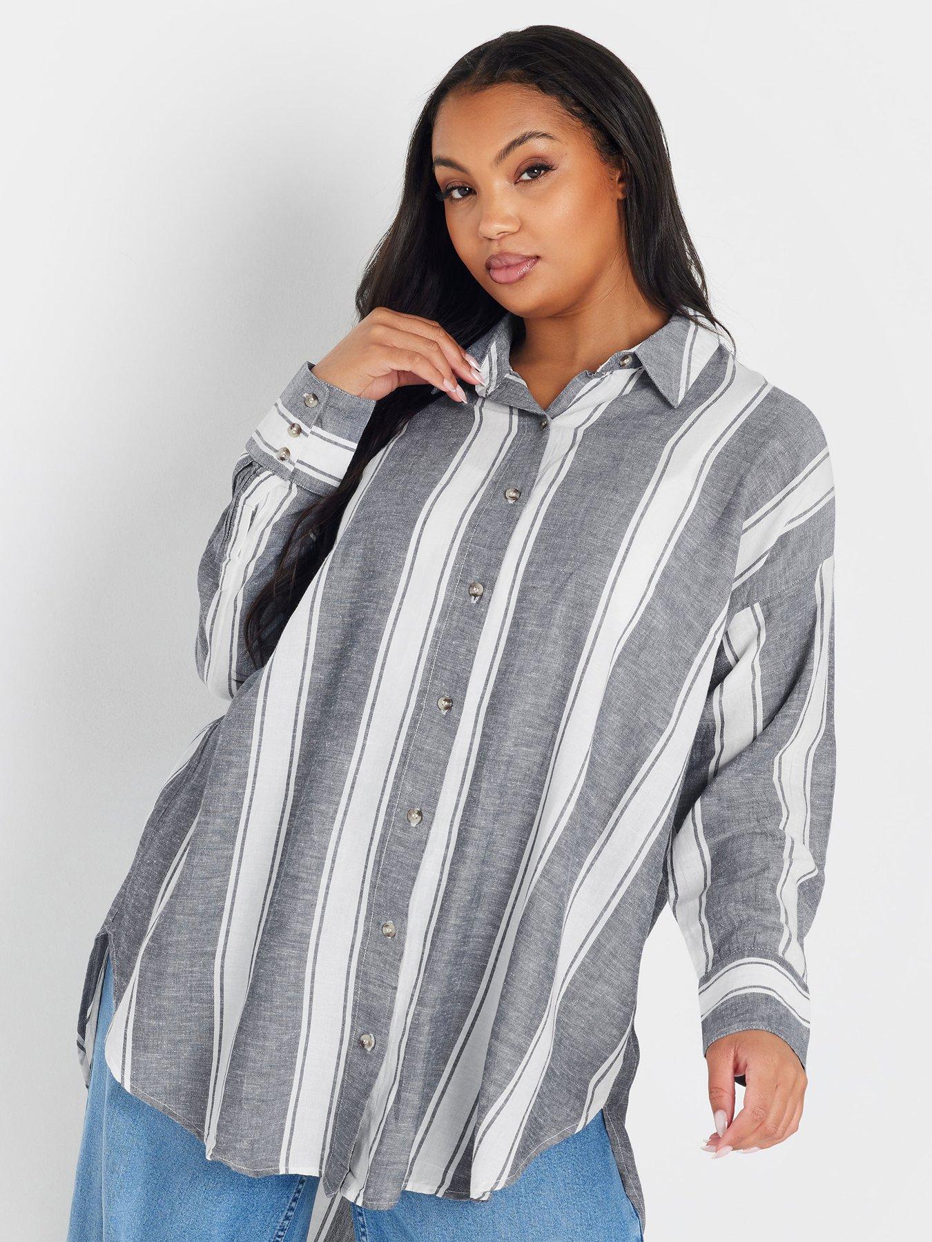  image of yours-curve-long-sleeve-striped-linen-shirt-blue