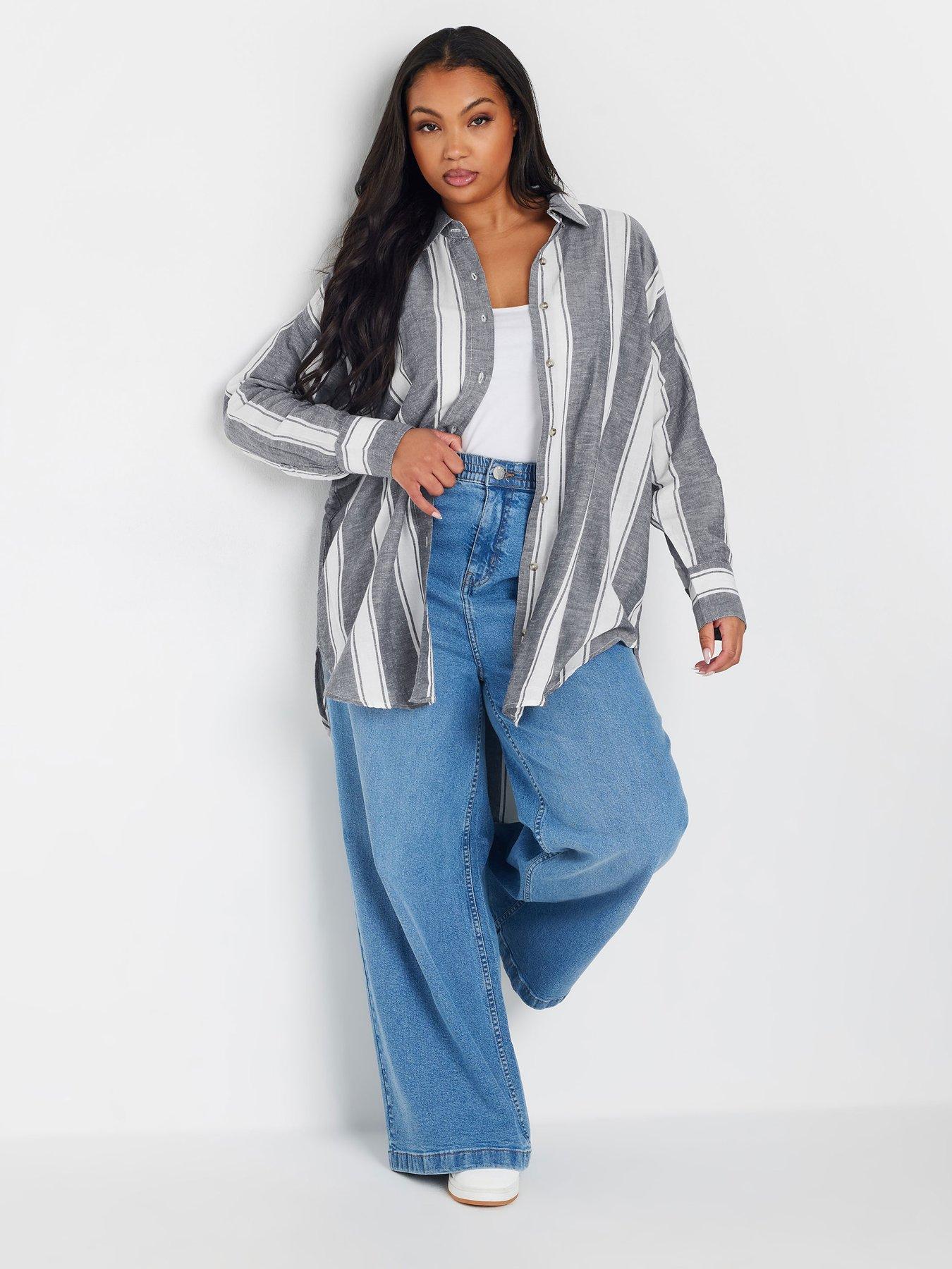  image of yours-curve-long-sleeve-striped-linen-shirt-blue