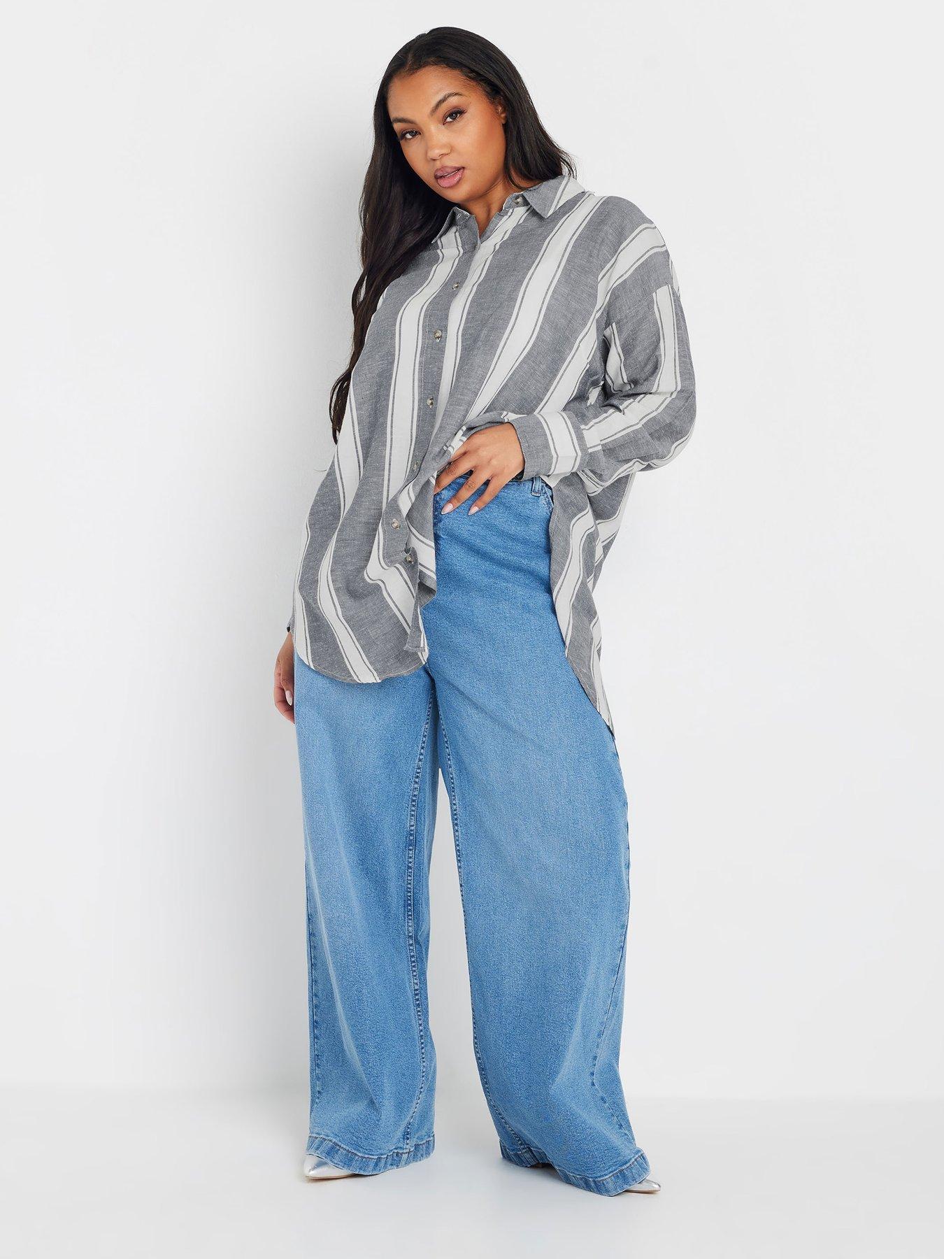  image of yours-curve-long-sleeve-striped-linen-shirt-blue