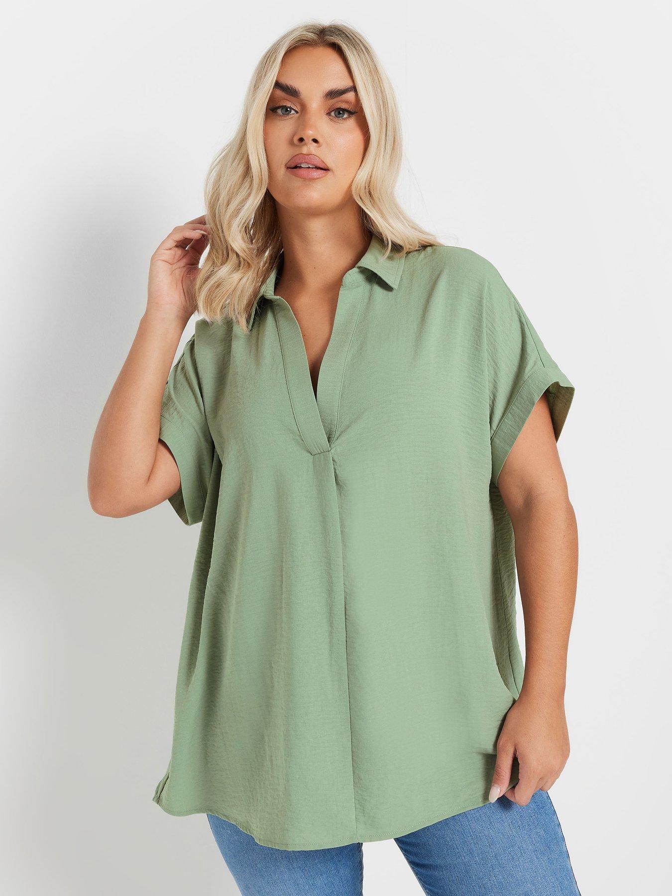  image of yours-curve-short-sleeve-pleat-front-blouse-green