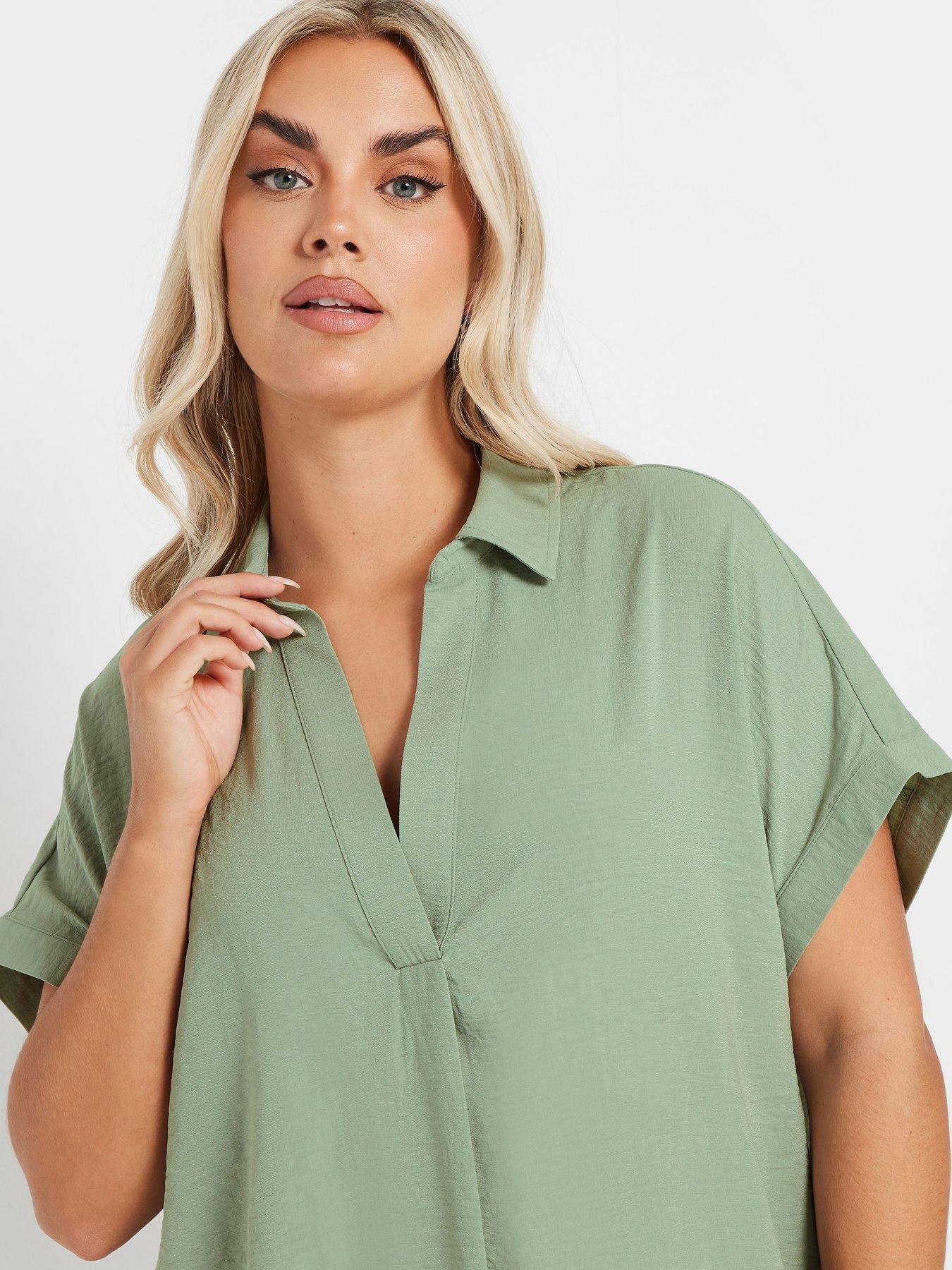  image of yours-curve-short-sleeve-pleat-front-blouse-green