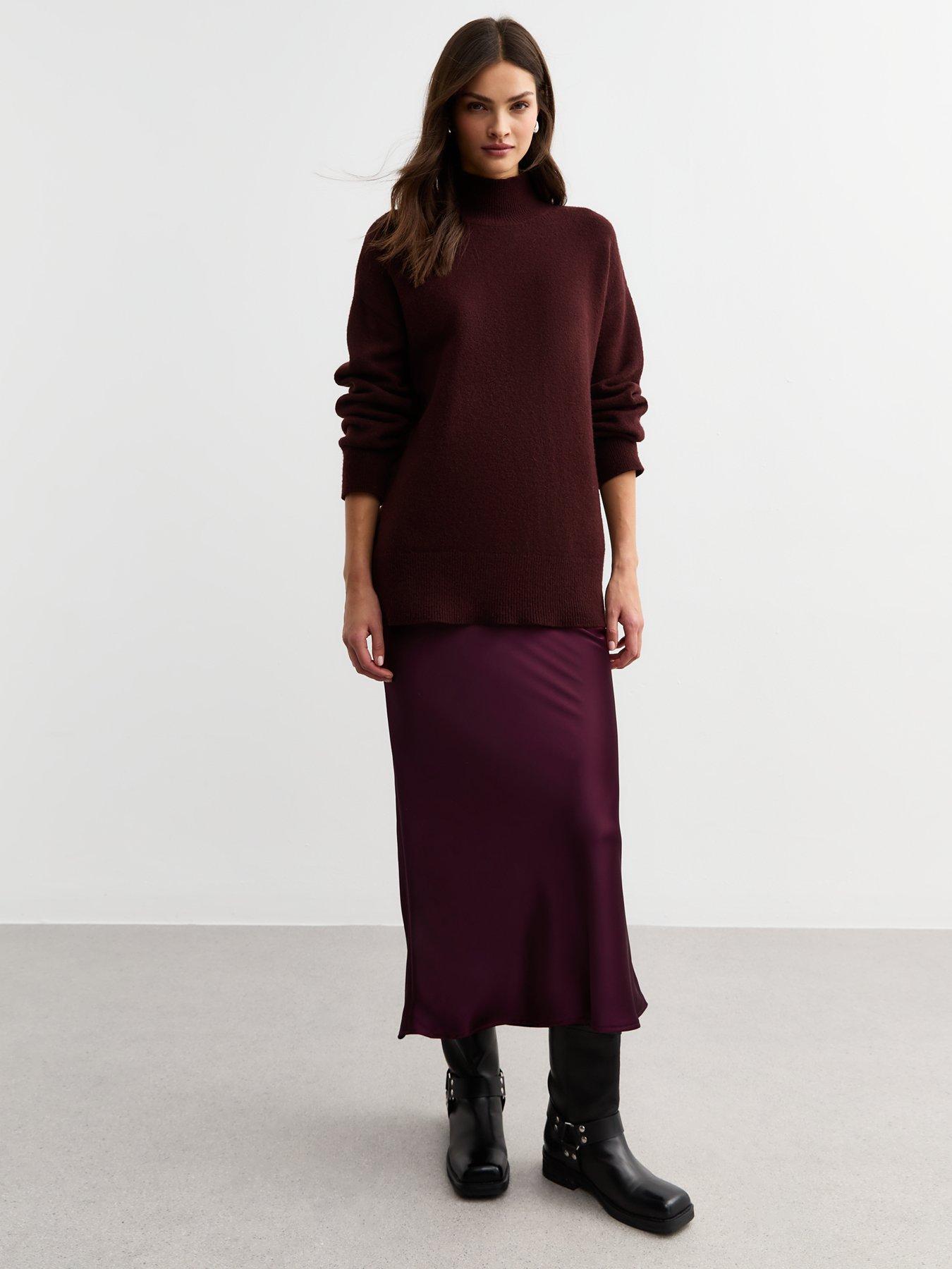 undefined Burgundy Satin Bias Cut Midi Skirt - Red