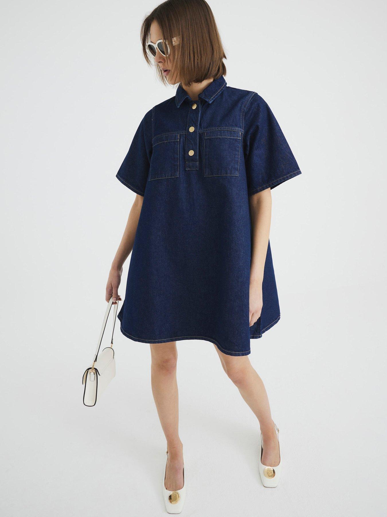 undefined Collar Detail Denim Shirt Dress - Dark Denim - Blue