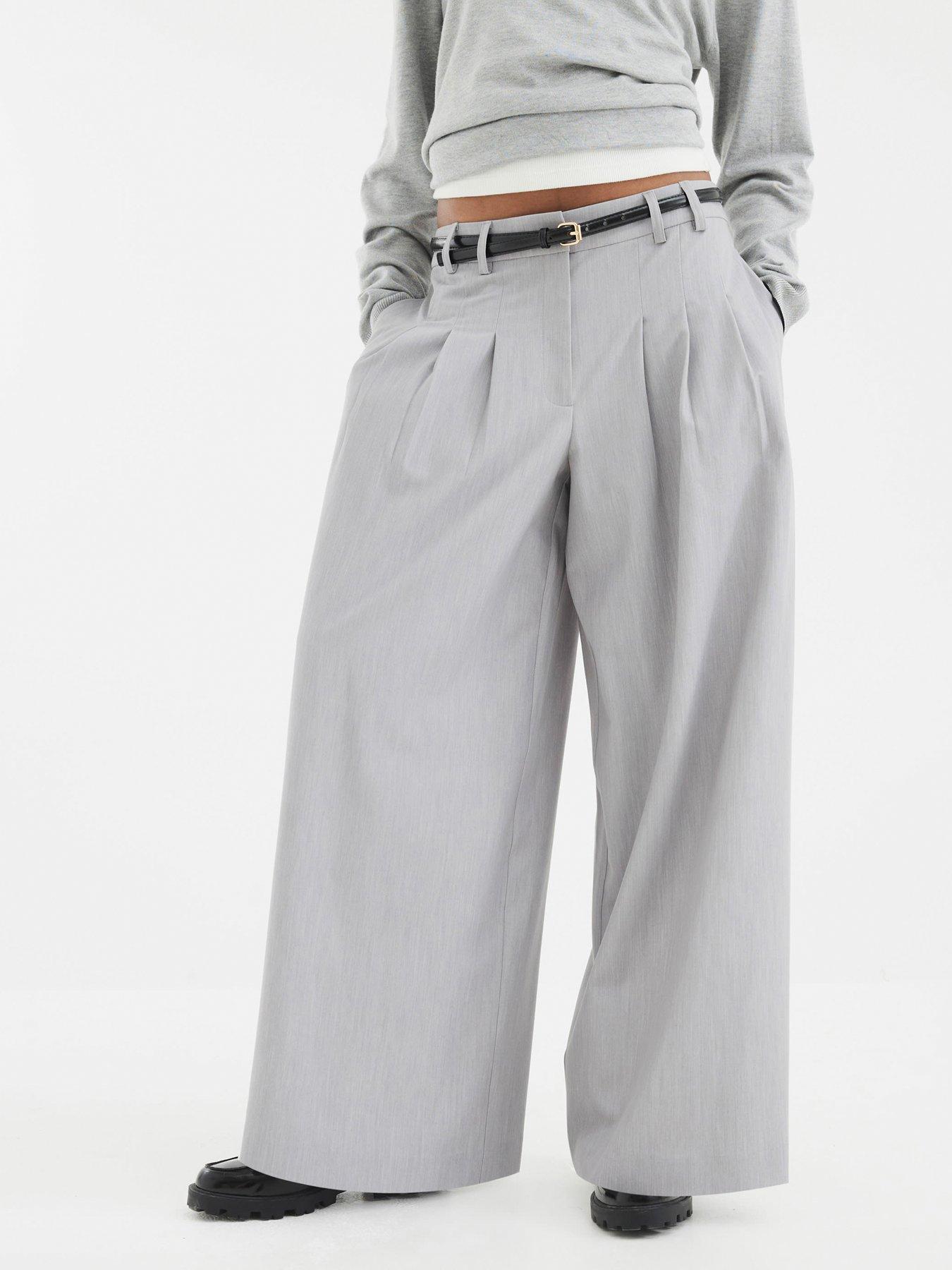 undefined Belted Wide Leg Trouser - Grey