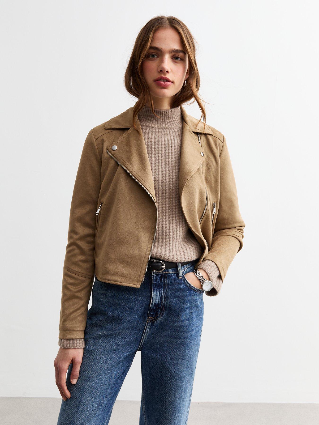  image of new-look-tan-faux-suede-biker-jacket