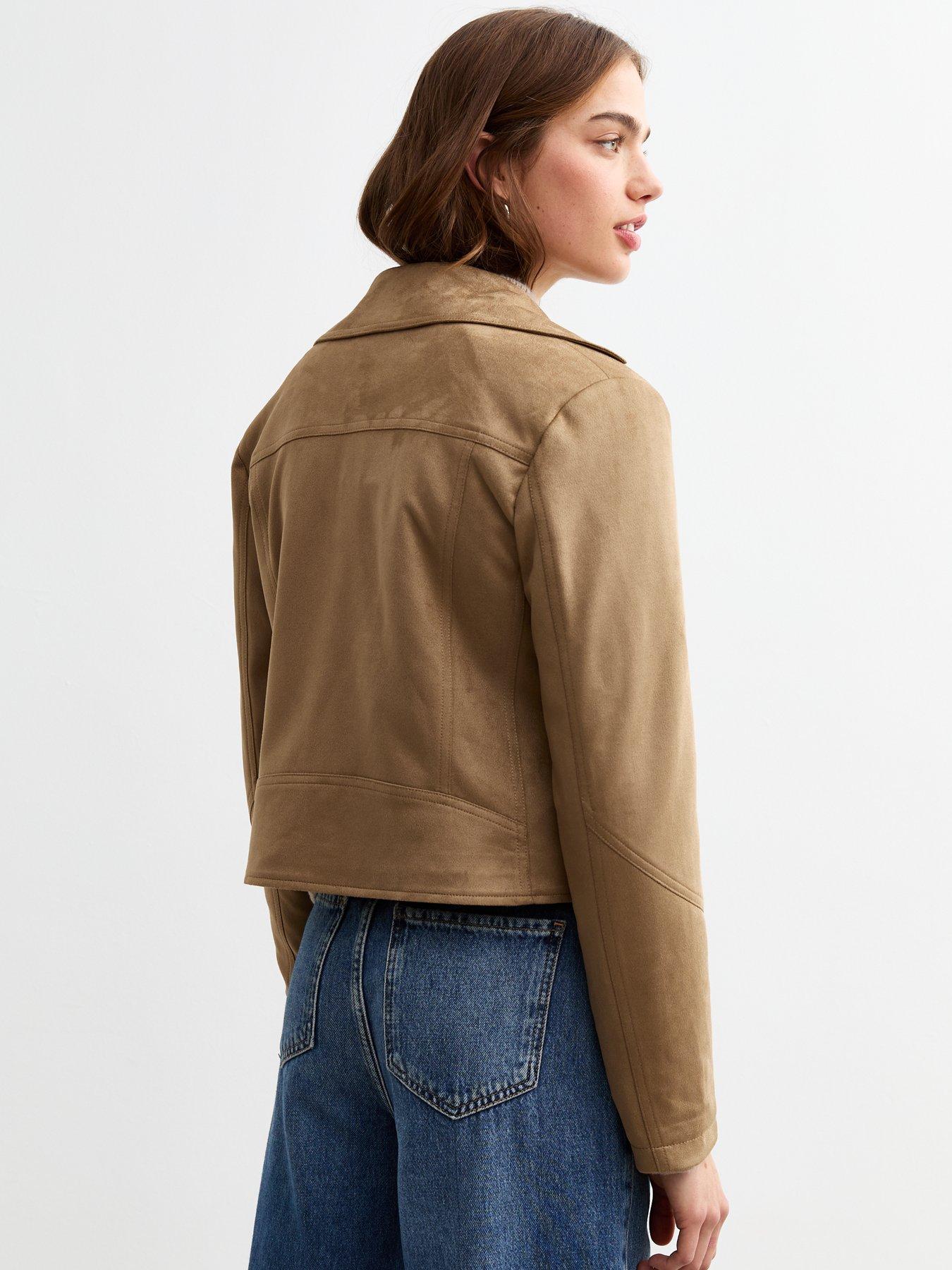  image of new-look-tan-faux-suede-biker-jacket