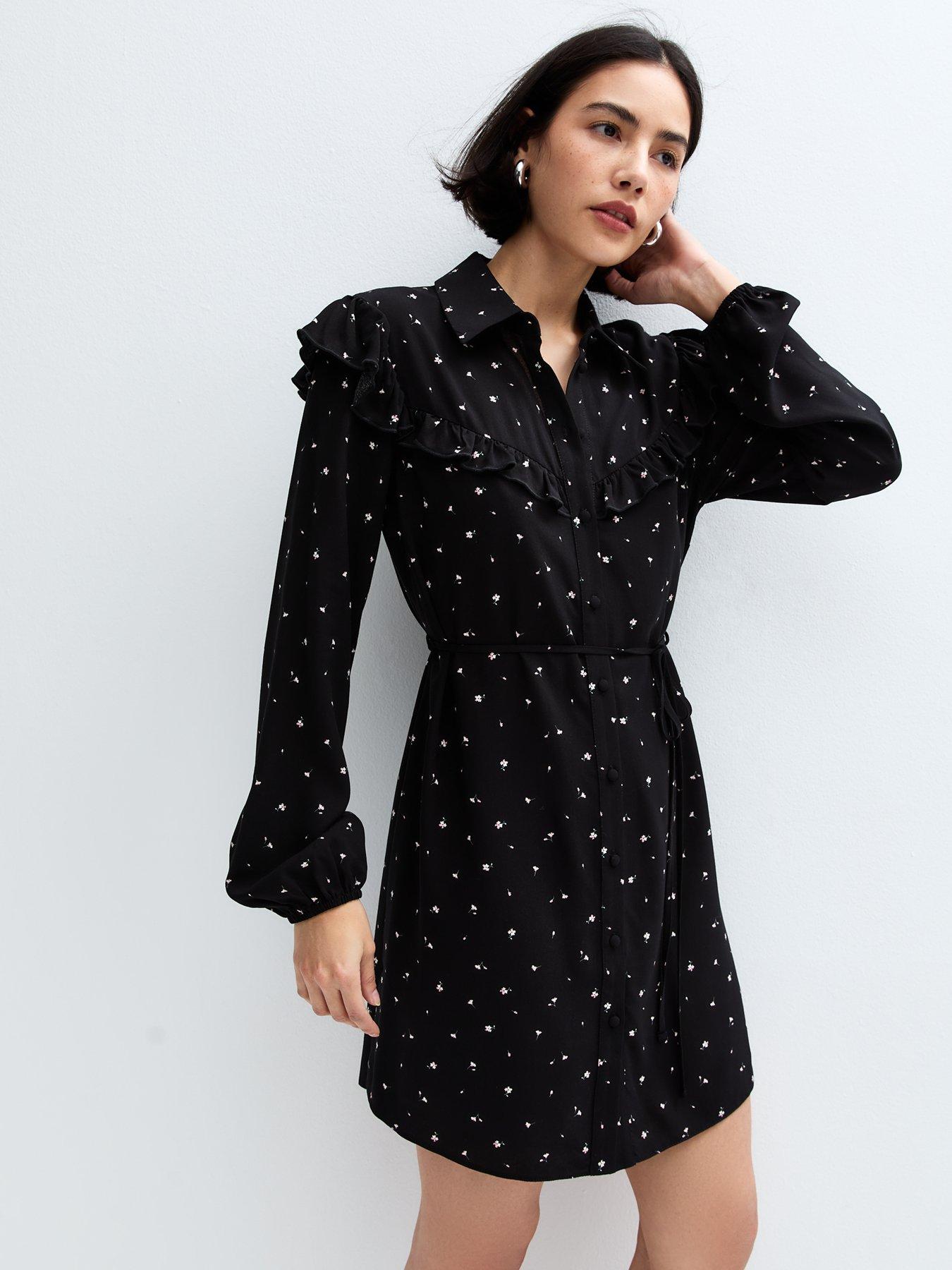 new-look-ditsy-floral-belted-mini-shirt-dress-black