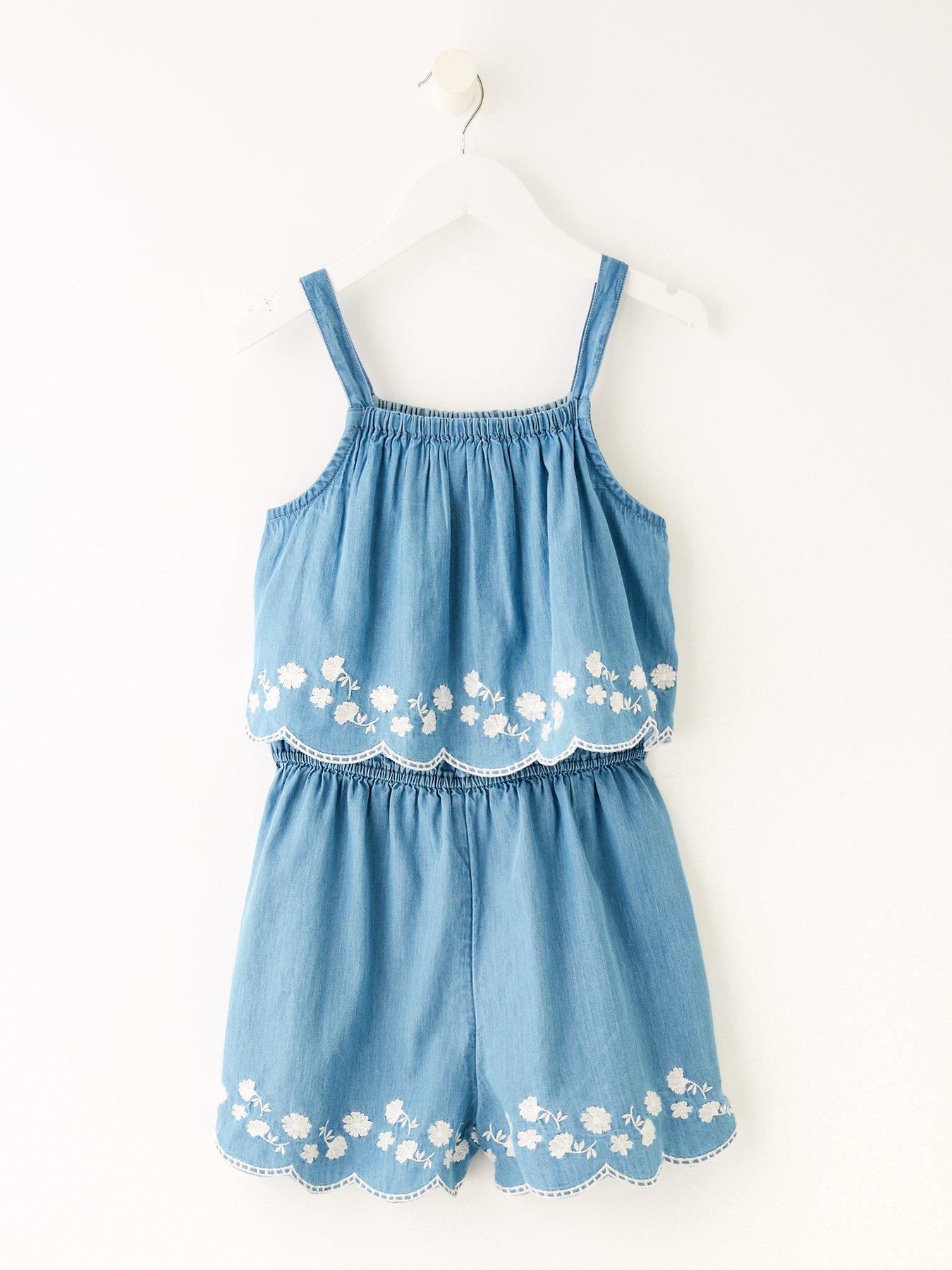undefined Girls Chambray Scallop Edge Playsuit - Blue