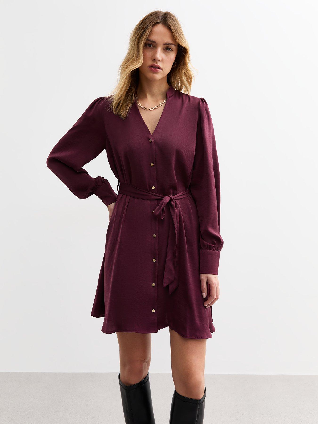  image of new-look-burgundy-v-neck-satin-mini-dress-red