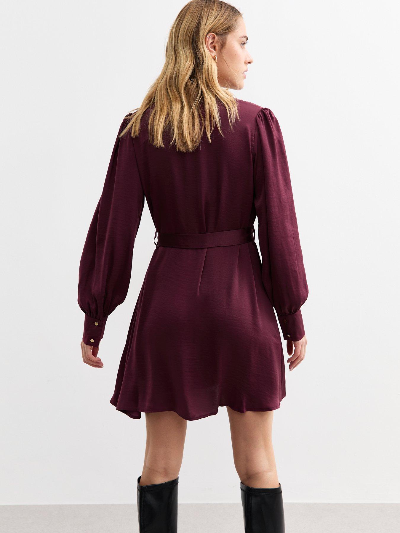  image of new-look-burgundy-v-neck-satin-mini-dress-red