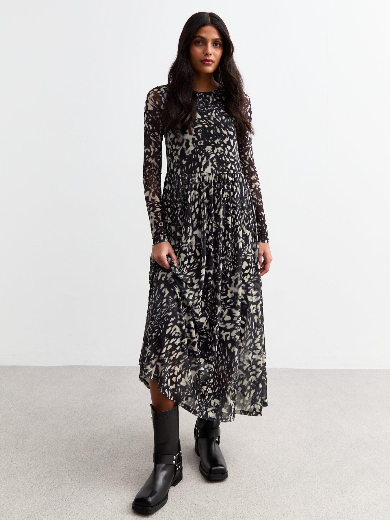 undefined Black Animal Print Long Sleeve Mesh Midi Dress