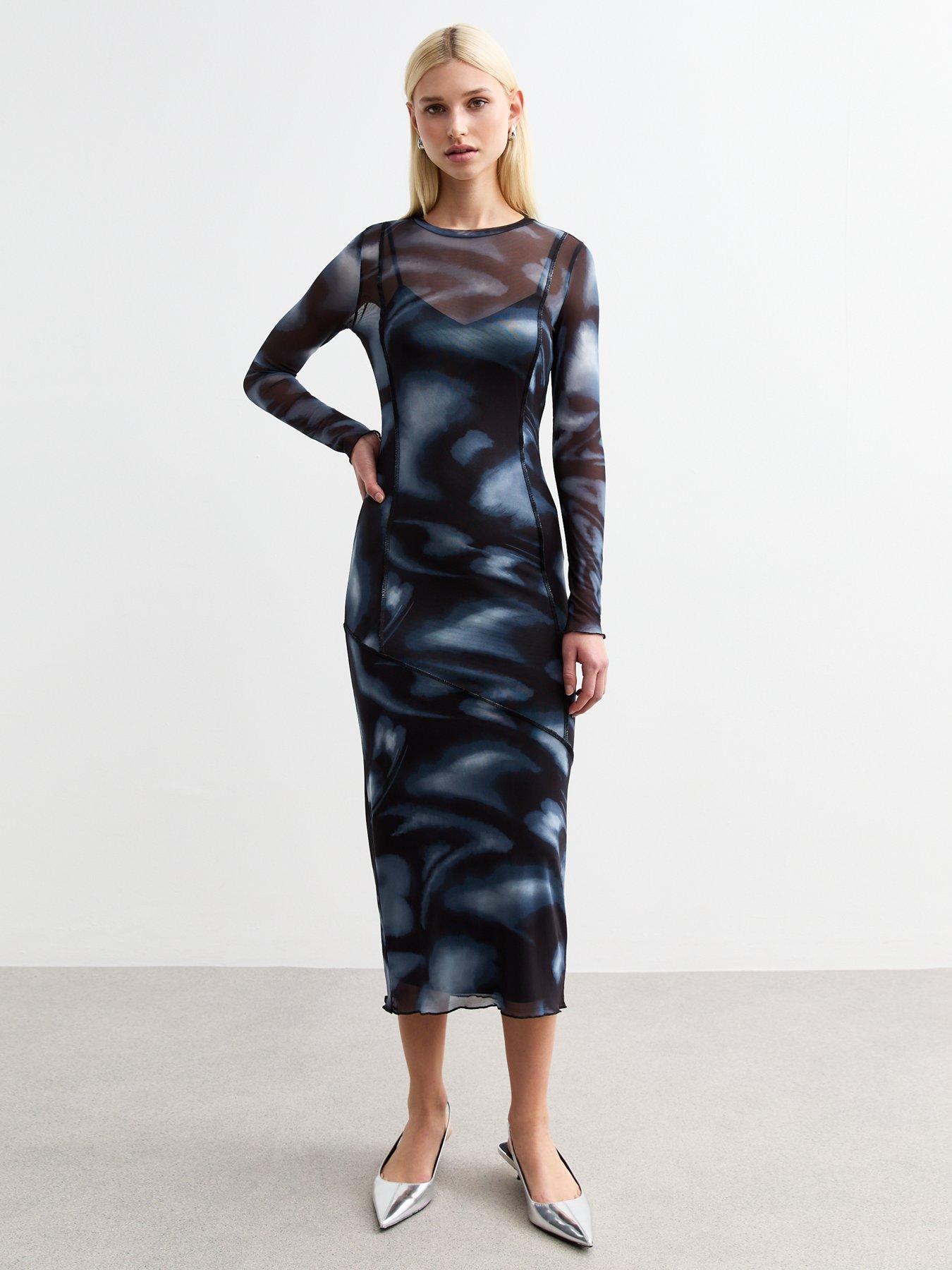 undefined Blue Blur Print Exposed Seam Mesh Midi Dress
