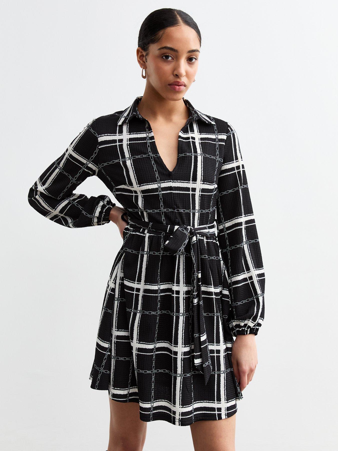 undefined Black Crinkled Jersey Checked Mini Shirt Dress