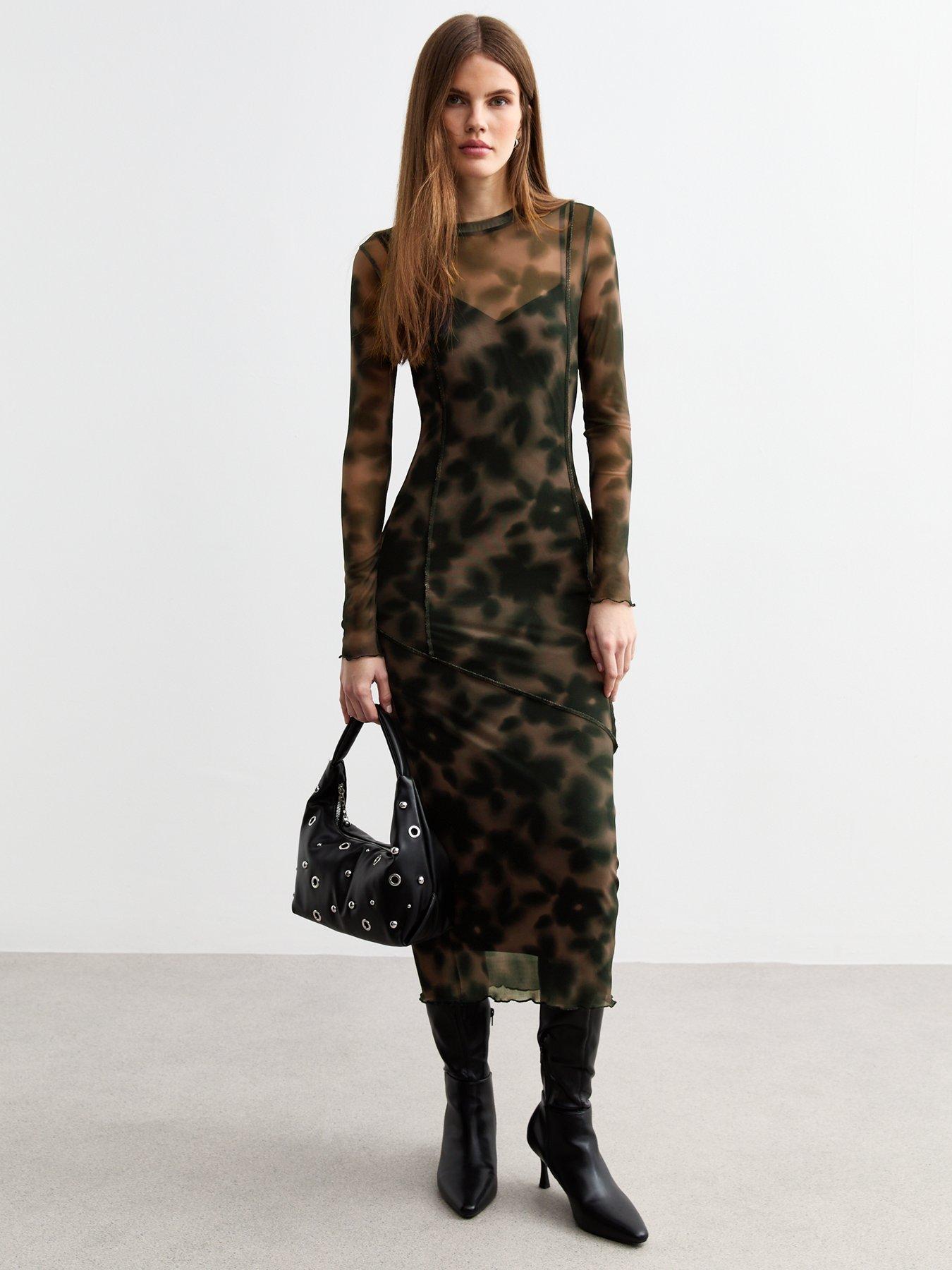 undefined Brown Leopard Print Exposed Seam Mesh Midi Dress