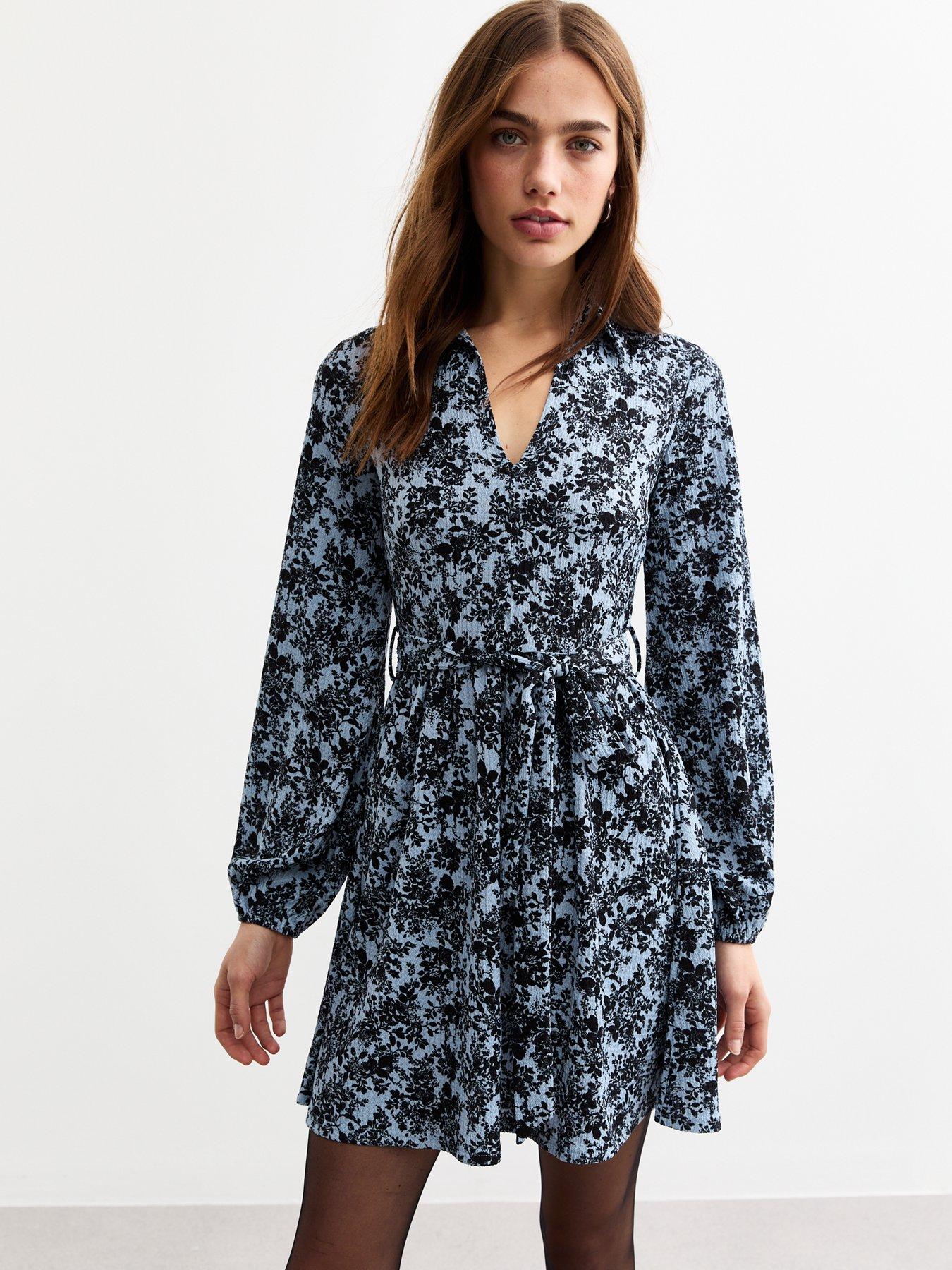 undefined Blue Floral Print Mini Shirt Dress