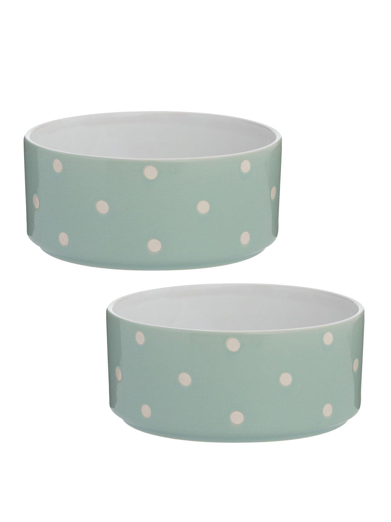  image of mason-cash-polka-dot-sage-set-of-2-dog-bowls-18cm