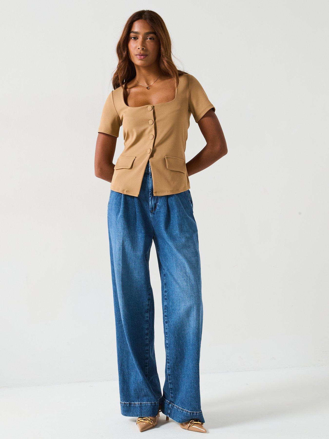  image of v-by-very-square-neck-button-up-top-neutral