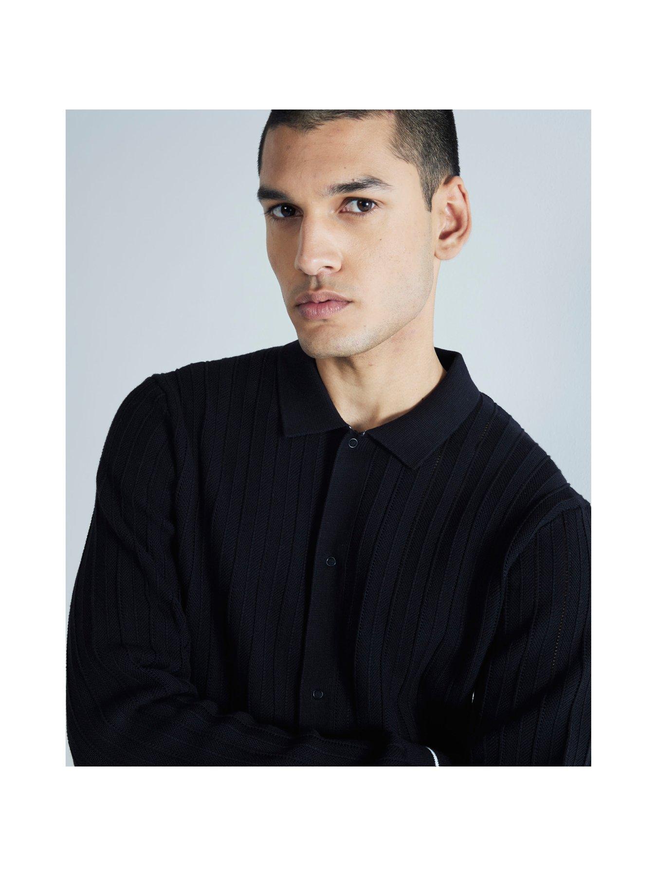 image of river-island-knitted-textured-long-sleeve-shirt-black