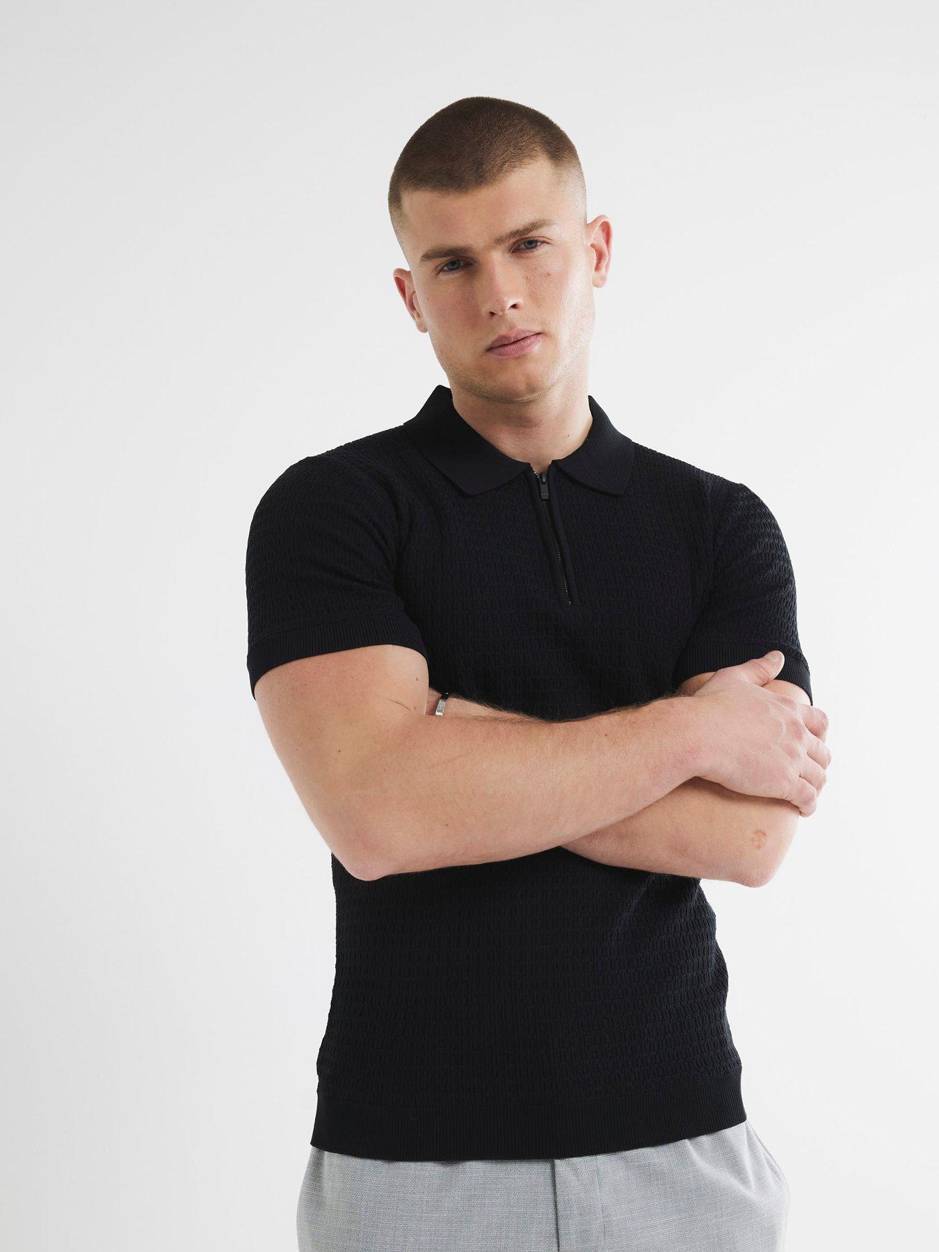  image of river-island-muscle-fit-textured-knitted-polo-shirt-black