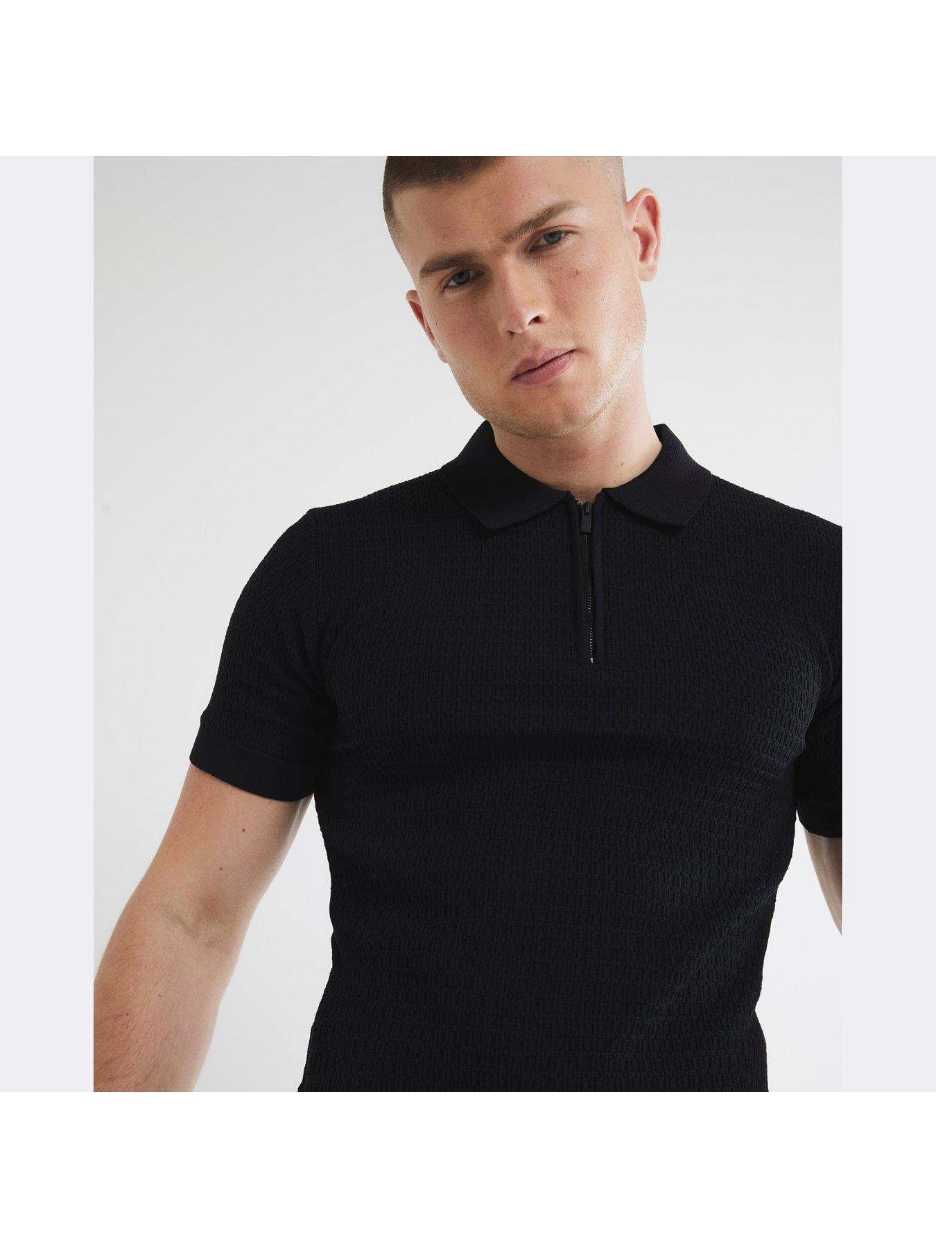  image of river-island-muscle-fit-textured-knitted-polo-shirt-black