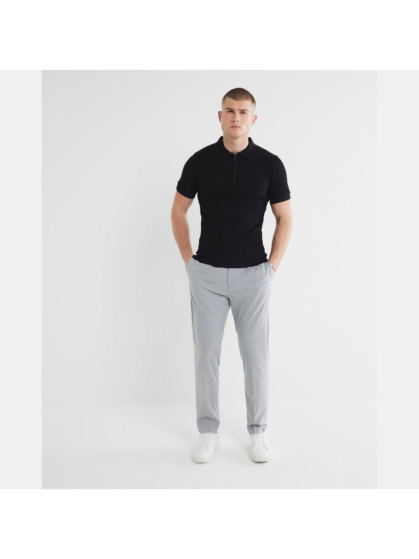  image of river-island-muscle-fit-textured-knitted-polo-shirt-black
