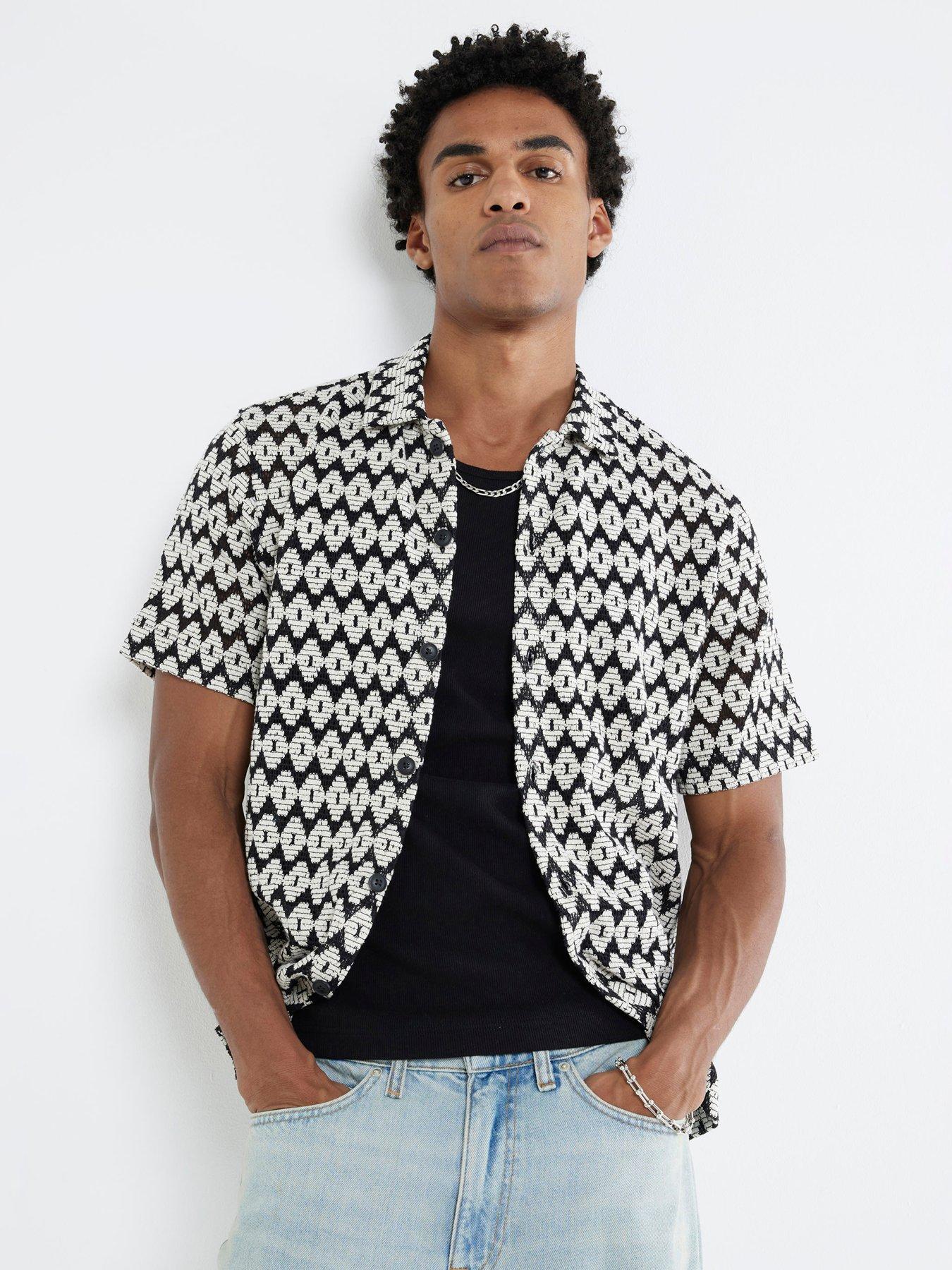 river-island-short-sleeve-mono-diamond-crochet-shirt-black