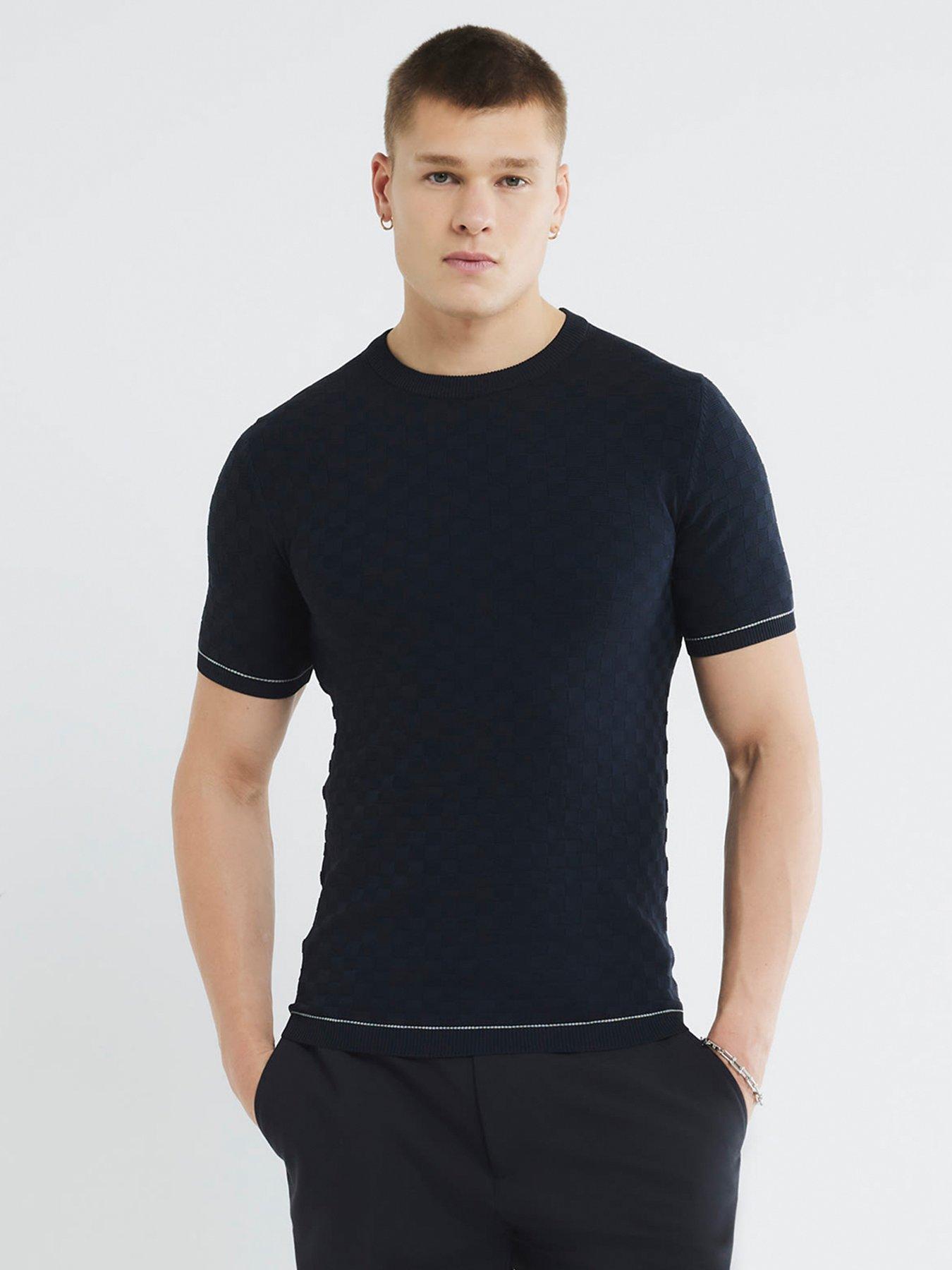 river-island-short-sleeve-checkerboard-muscle-fit-knitted-t-shirt-navy