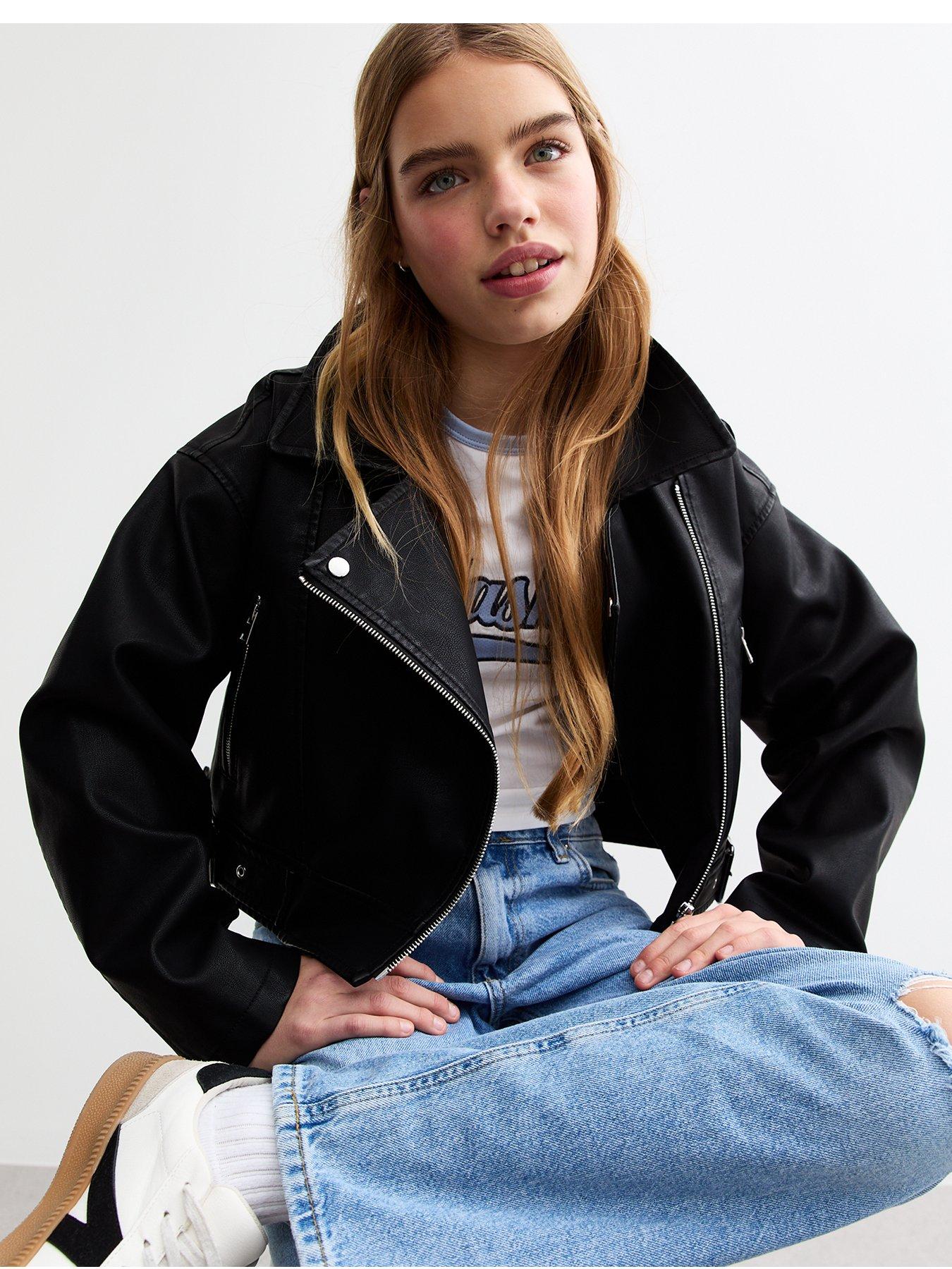  image of new-look-915-girls-black-faux-leather-cropped-biker-jacket
